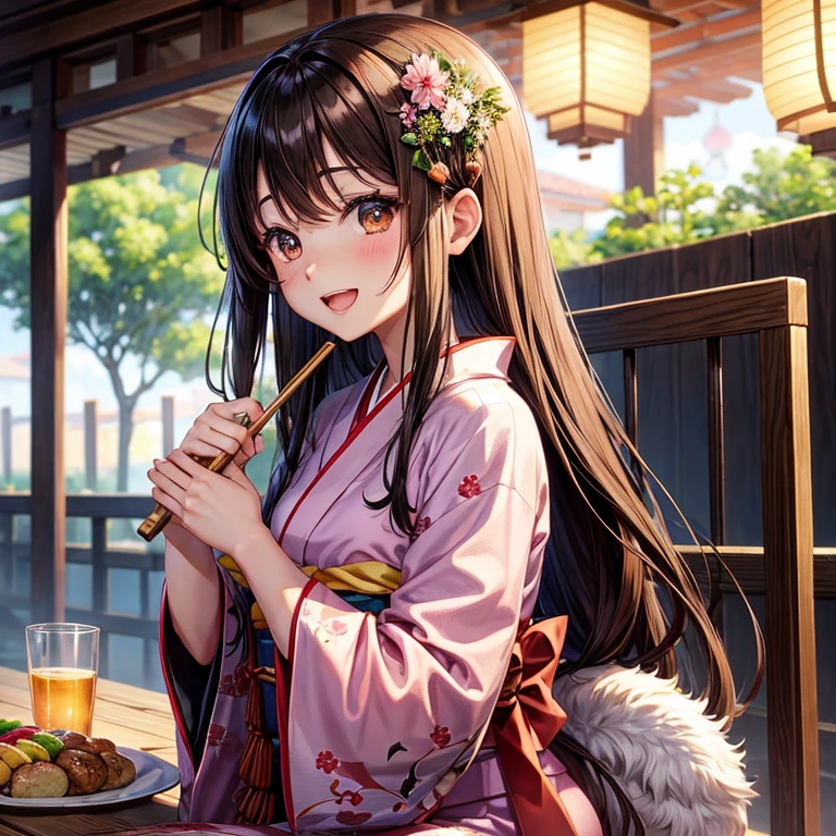 anime、beautiful girl、kimono、brown hair、Black eyes glow、laughter、Odango Hair、Seiza、buckwheat、dining