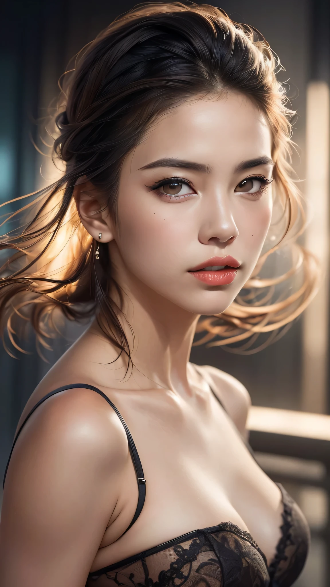 dressed, (photo realistic:1.4), (hyper realistic:1.4), (realistic:1.3), (smoother lighting:1.05), (increase cinematic lighting quality:0.9), 32K, 1girl,25yo girl, realistic lighting, backlighting, light on face, ray trace, (brightening light:1.2), (Increase quality:1.4), (best quality real texture skin:1.4), finely detailed eyes, finely detailed face, finely quality eyes, (tired and sleepy and satisfied:0.0), ((face closeup)), bikini, korean girl, (Increase body line mood:1.1), (Increase skin texture beauty:1.1), (light makeup, [[pink lipstick]], eyeliner), ((dark-Brown eyes)), (((dark medium (((hair slicked to the two side))), extremely detailed))), with a perfect body, super fine face and eyes,