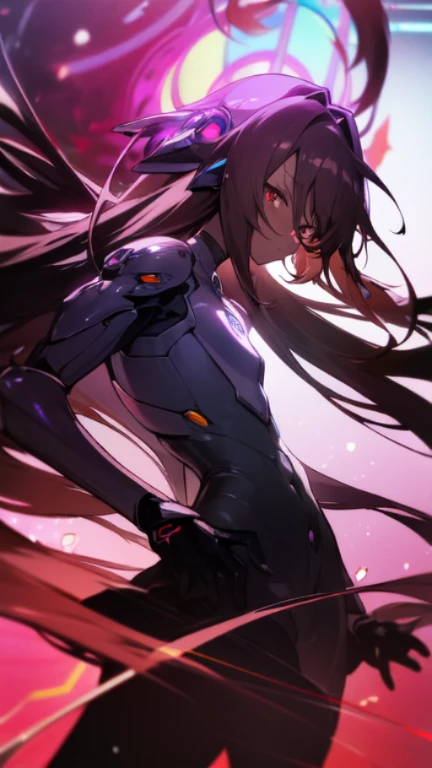 Masterpiece, Top quality, high resolution, highres, 8k, best quality, HD, , 1 male, shota, cute, innocent, ((dark skin)),  otokonoko, red eye's, dark brown hair very long hair in a side-swept style smooth, wearing an a black fullbody exosuit bodysuit, long black trenchcoat, cute artstyle, stand still, close up, (Shuvi), (deus ex machina armour), (no game no life), (Mecha musume)