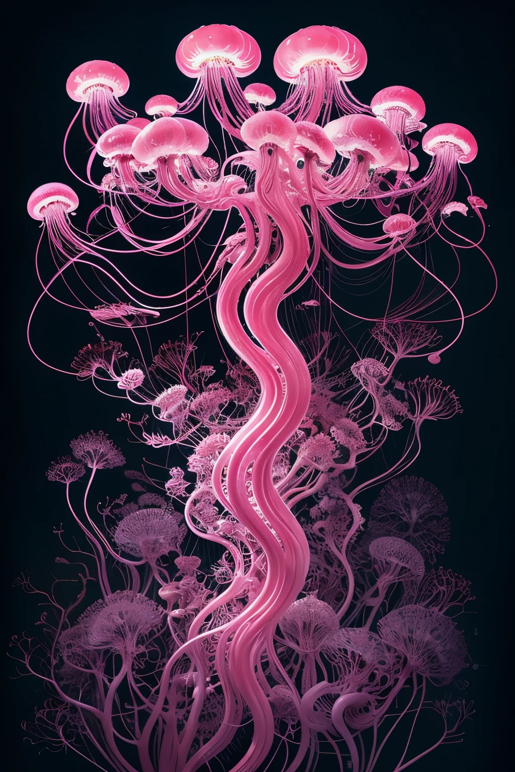 painting of a jellyfish with pink tentacles and flowers floating in the ocean, thorns plants flower, sea like jelly, jellyfish fractal, cyberpunk jellyfish, beeple and james jean, jellyfish headdress, jellyfish, james jean andrei riabovitchev, victorian era，jellyfish element, jellymeat, jana brike art, james jean and wlop, jellyfish element, phoenix jellyfish, jellyfish pheonix inspired by Alberto Seveso, anatomical fractal, inspired by Hans Bellmer, visible nervous , nerve , nerves, inspired by Ernst Haeckel, fluorescent colors in a nuanced dark background