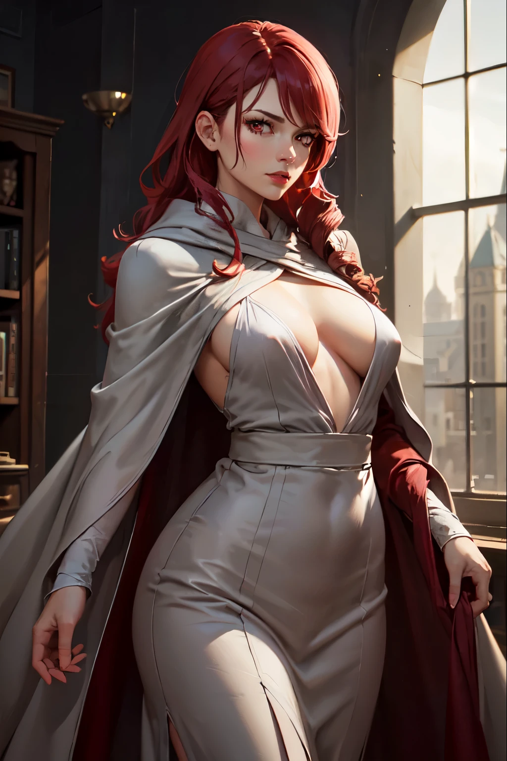 (4k,8k,best quality, masterpiece:1.2), perfect face, perfect nose, detailed hair, detailed eyes, detailed lips, cowboy shot, realistic colors, studio lightning, (red hair, red eyes, glowing eyes), small mouth, looking at viewer, glare, disdain, ((gray cloak, gray robe, gray mantle, gray dress, mage, clothes on)), mage tower, sfw, (30-years-old), mitsuru kirijo, big breast, mature woman, furrowed brows