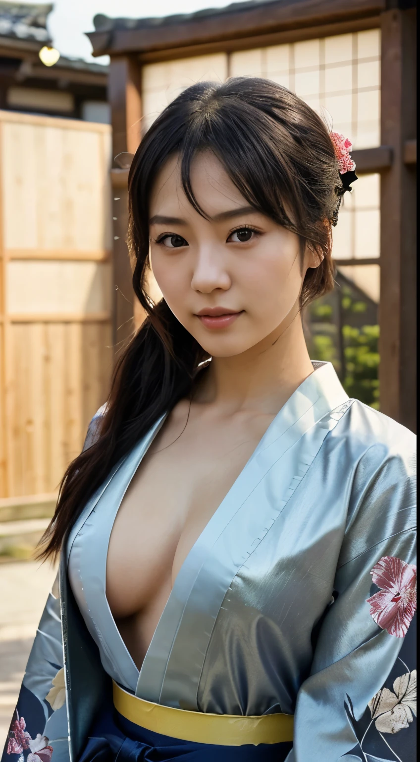 muste piece、最high quality、high quality、best image quality、8K、最High resolution、High resolution、最high quality、Raw photo、group photo、realityな雰囲気、(detailed face)、(fine hands、thumb１reference４)、(beauty of japan )、very nice face、cute face、((beautiful japanese girl))、(japanese woman), ((18 year old beautiful girl))、(glossy black hair)、(straight long hair)、(ponytail)、whole body、athlete&#39;s body、(shiny skin)、(Fair skin, Glossy skin, Glossy skin)、realityな人の肌、realityな人体構造、perfect body， perfect face， perfect hands， perfect finger， perfect lips， perfect eyes，perfect teeth、perfect background， perfect atmosphere， professional quality， perfect photo， high qualityのオクタン価レンダリング， high qualityのベクター， Super detailed ，transparent skin，looking at camera、(reality、photorealistic:1.37)、natural soft light、photon mapping、((刀を持つsamurai costumeを着た女性))、samurai girl、very beautiful samurai girl、woman swordsman、Japanese sword、japanese traditional、wear samurai armor、wear kimono armor、(Himeji castle、Kumamoto Castle、Nagoya Castle)、Sengoku period、waitress、((Japanese swordを持つ女の子))、((Movements that reflect the combat skills cultivated as a samurai))、Japanese castle in the background、((Random color metallic with floral pattern(samurai kimono、samurai costume、Hakama with slit))、You can see the cleavage from the neckline、Thighs can be seen through the slit of the hakama