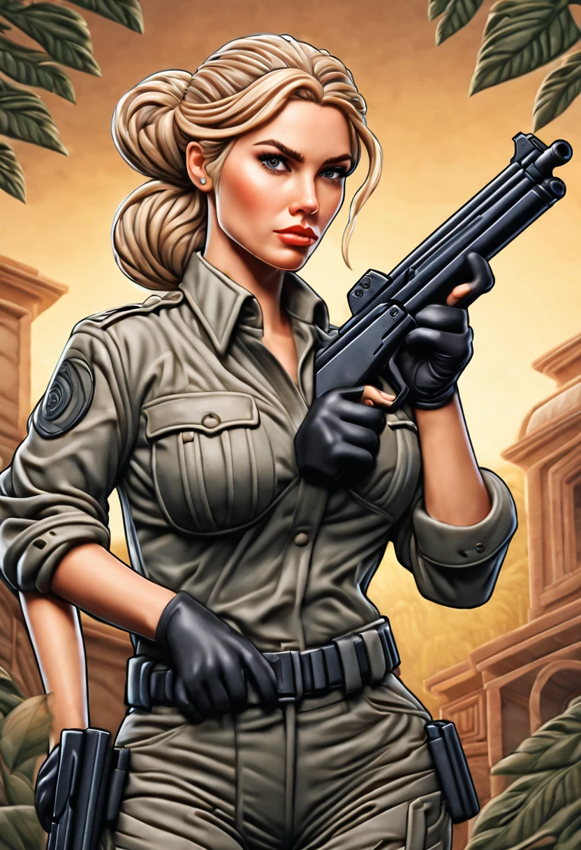 ** Cartoon-style masterpiece of a female detective with a gun, medium-length smooth blond hair with braided wreath, grey camouflage leggings, black gloves, gun holster, atmospheric scene, best quality, detailed beautiful face, detailed skin texture, ultra-detailed body, close-up of face, full-body view, front, back and side angles.**

