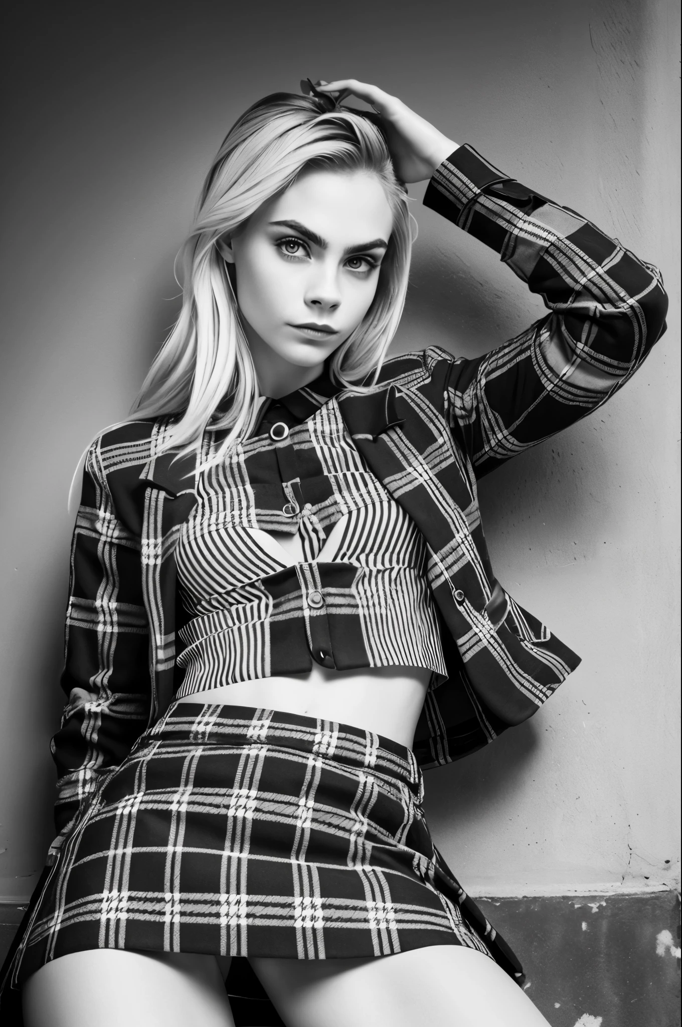 Black and white photo, cara Delevingne, colourpop (red plaid skirt) , looking sideways --auto --s2