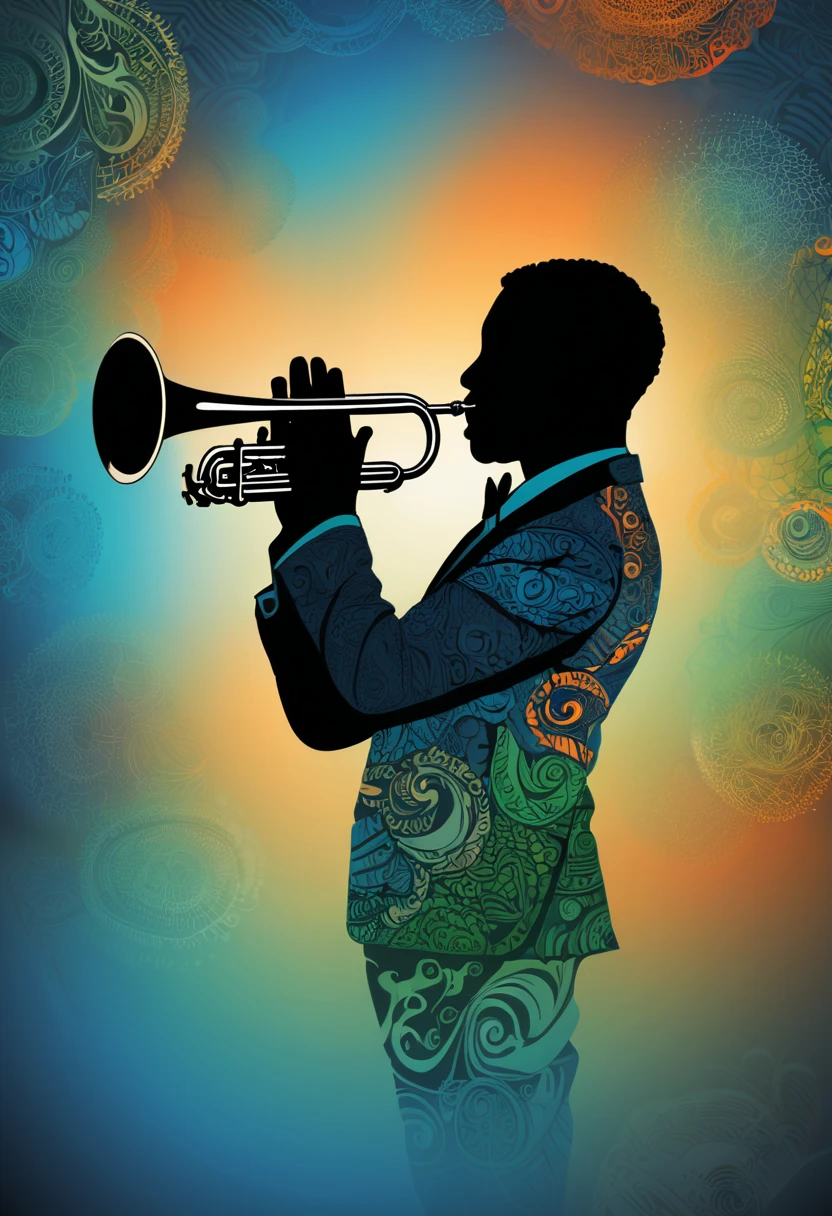 (best quality,highres:1.2),silhouette of a jazz trumpeter,colorful background,blue,orange,green,blurred,zentangle style,black,brown, 3d render,