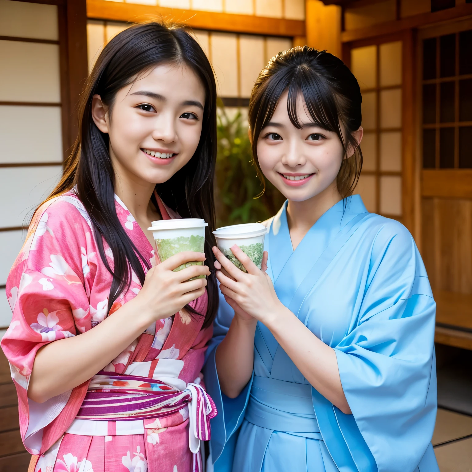 Best-quality, Masterpiece, Ultra-High-Resolution, (Photorealistic:1.4), Raw-Photo, Extremely-Details, Perfect-Anatomy, lesbian couple, (15-years-old and the most popular Japanese idol, extremely cute face like a most famous Japanese idol18-years-old and the most popular Japanese actress, all having a lot of fun at Japanese hot spring inn, all wearing Japanese YUKATA