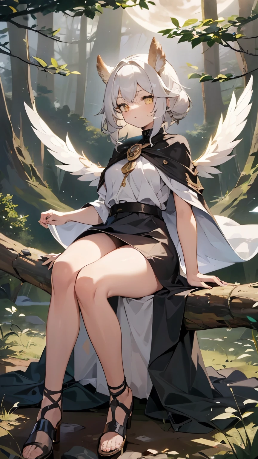 (8k), (best quality), (ultra detailed), (perfect anatomy), owl girl, full height, long, white hair, golden eyes, sly look, big owl wings, owl ears, dark clothes, torn cloak, sitting on a tree, location is dark forest, moon night, time is night, many owl around