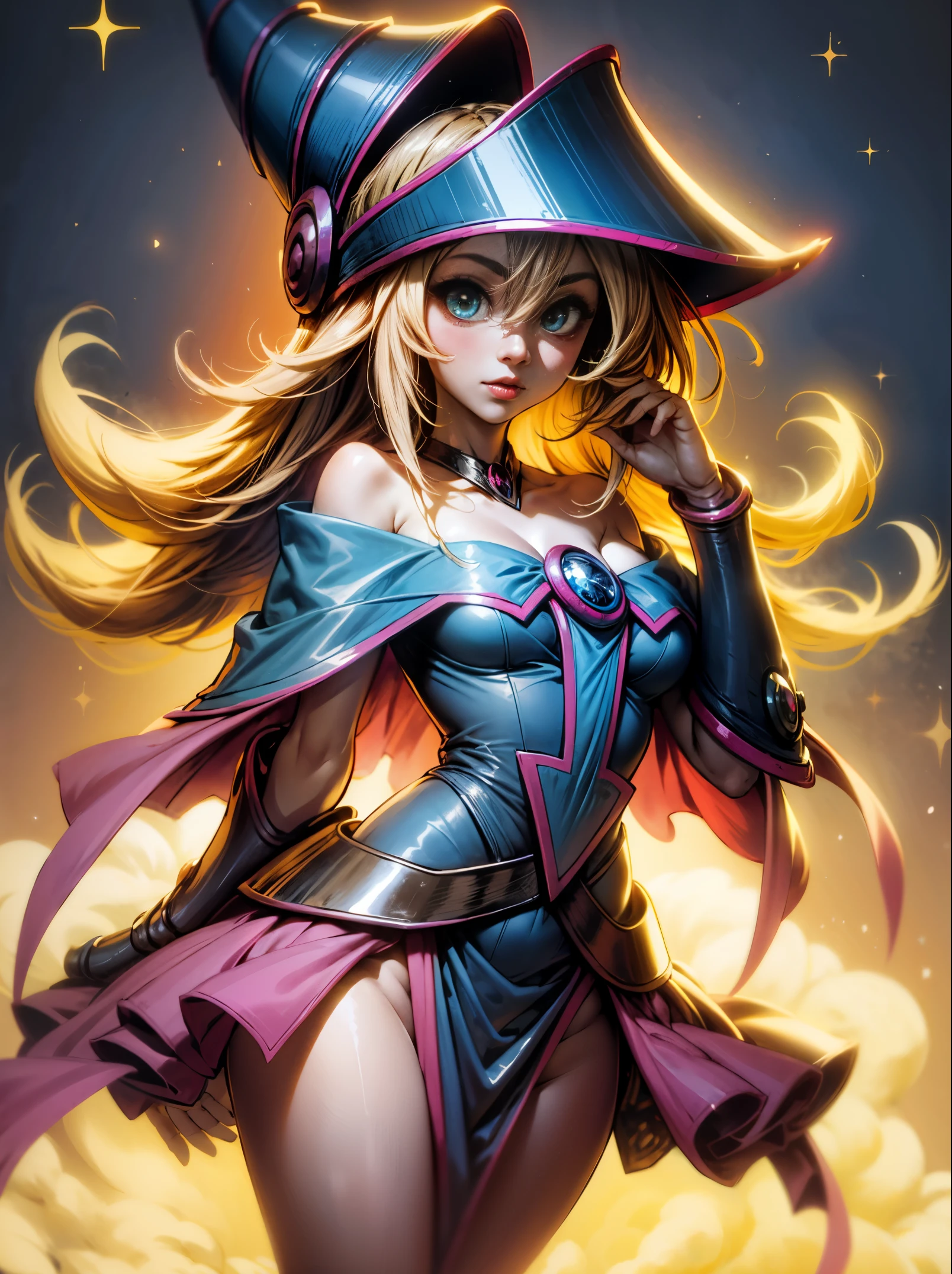 1girl, solamente,Lindo, , sentado sobre el agua, HMDMG1, Sombrero de mago, escote, hombros desnudos, vestido, fuera del hombro, magica, Mistro, particuls, corazones, amar,Molienda, Detalles altos, Arte digital, Obra maestra,,Lindo,hermosos ojos, Magia