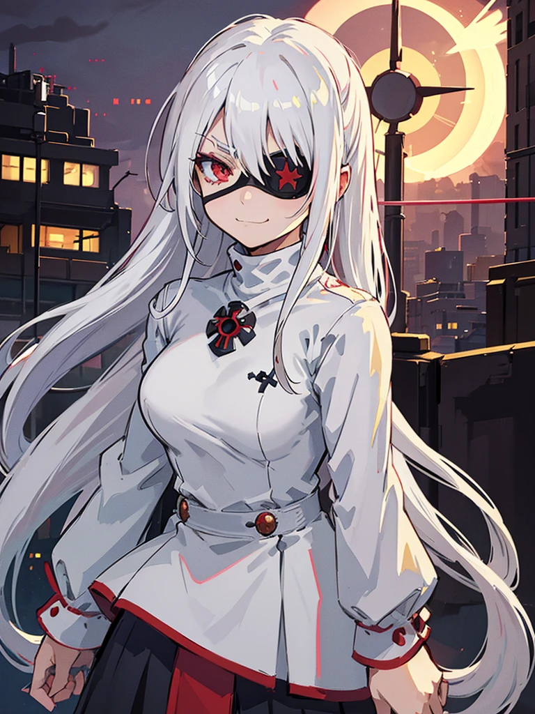 1girl, (solo), anime girl with long white hair and red eyes, girl with white hair, girl in white turtleneck, ((eyepatch)), pointed ears, ((vampire)), smirk, smug, closed mouth, cowboy shot, perfect white haired girl, white haired deity, digital cyberpunk anime art, turtleneck, lens flare, ((dramatic lighting)), soft glowing red eyes, extremely detailed, masterpiece, looking at viewer, city in background, (night)