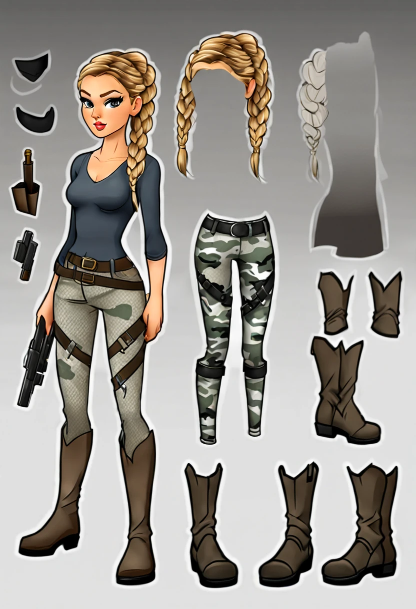 ** Cartoon-style masterpiece of a female detective with a gun, medium-length smooth blond hair with braided wreath, grey camouflage leggings, black gloves, gun holster, atmospheric scene, best quality, detailed beautiful face, detailed skin texture, ultra-detailed body, close-up of face, full-body view, front, back and side angles.**

