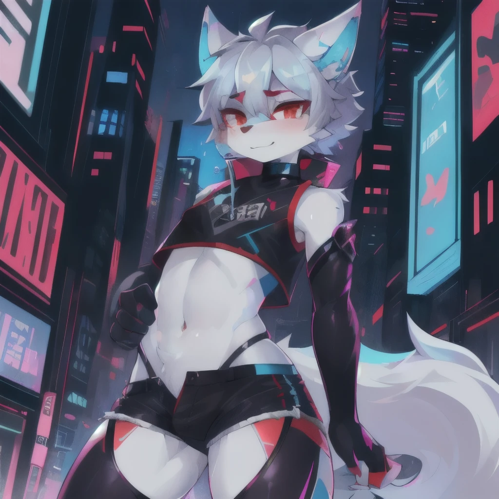 masterpiece, soft shading, perfect anatomy, perfect lighting, perfect focus, vibrant, solo, 1boy, Furry, furry wolf, anthropomorphic, male, silver fur, silver skin, red eyes, femboy, blue cyberpunk clothes, crop top, thong, shorts, sexy clothes, revealing clothes, cyberpunk city, uploaded on e621,