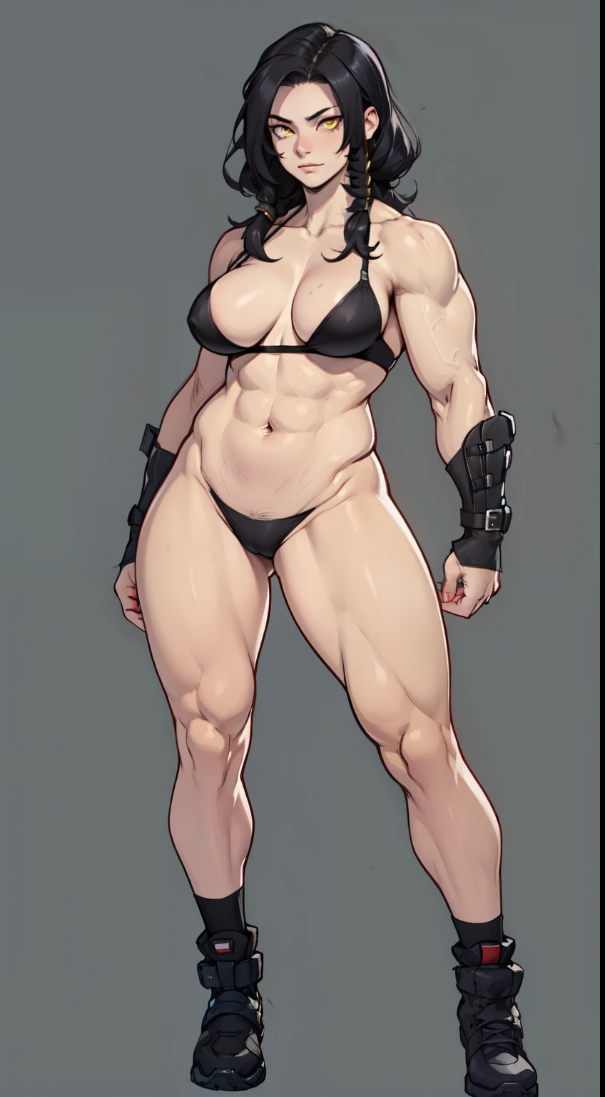 muscular girl muscular girl black hair yellow eyes pale skin large breasts full body toned body perfect anatomy