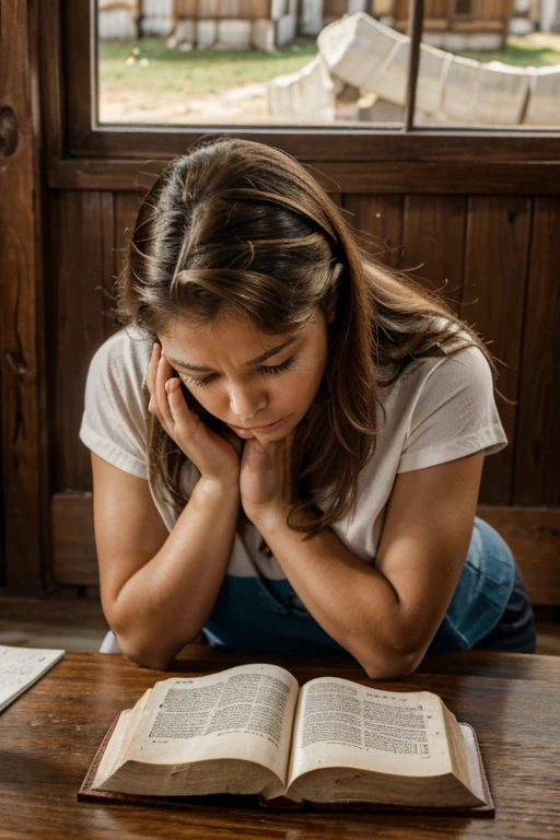 senhora idosa, pele enrugada, cabelos longos branco, sick person praying to God in front of a bible on a table in a wooden house.