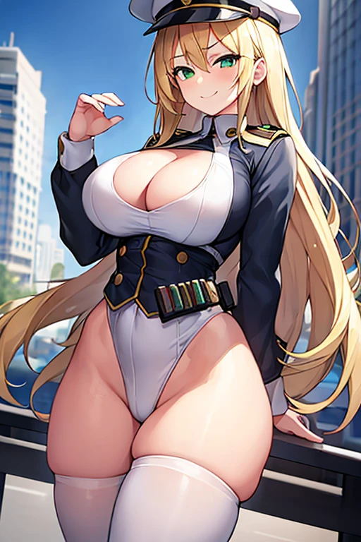 1girl, blonde hair, long hair, green eyes, smile, smirk, smug, large breasts, thick thighs, leotard, policewoman, police hat, police, police uniform, leotard, white leotard, white clothes, wide hips, cleavage cutout, city