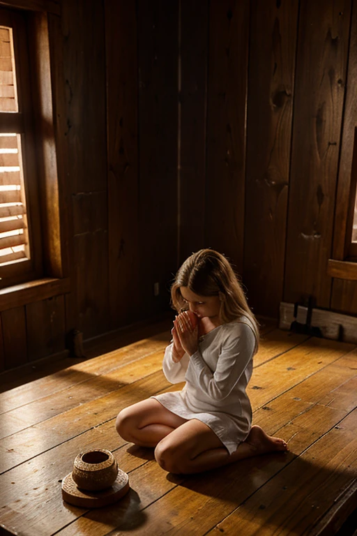 velha idosa, pele enrugada, cabelos longos branco, sick person praying to God in front of a bible on a table in a wooden house.