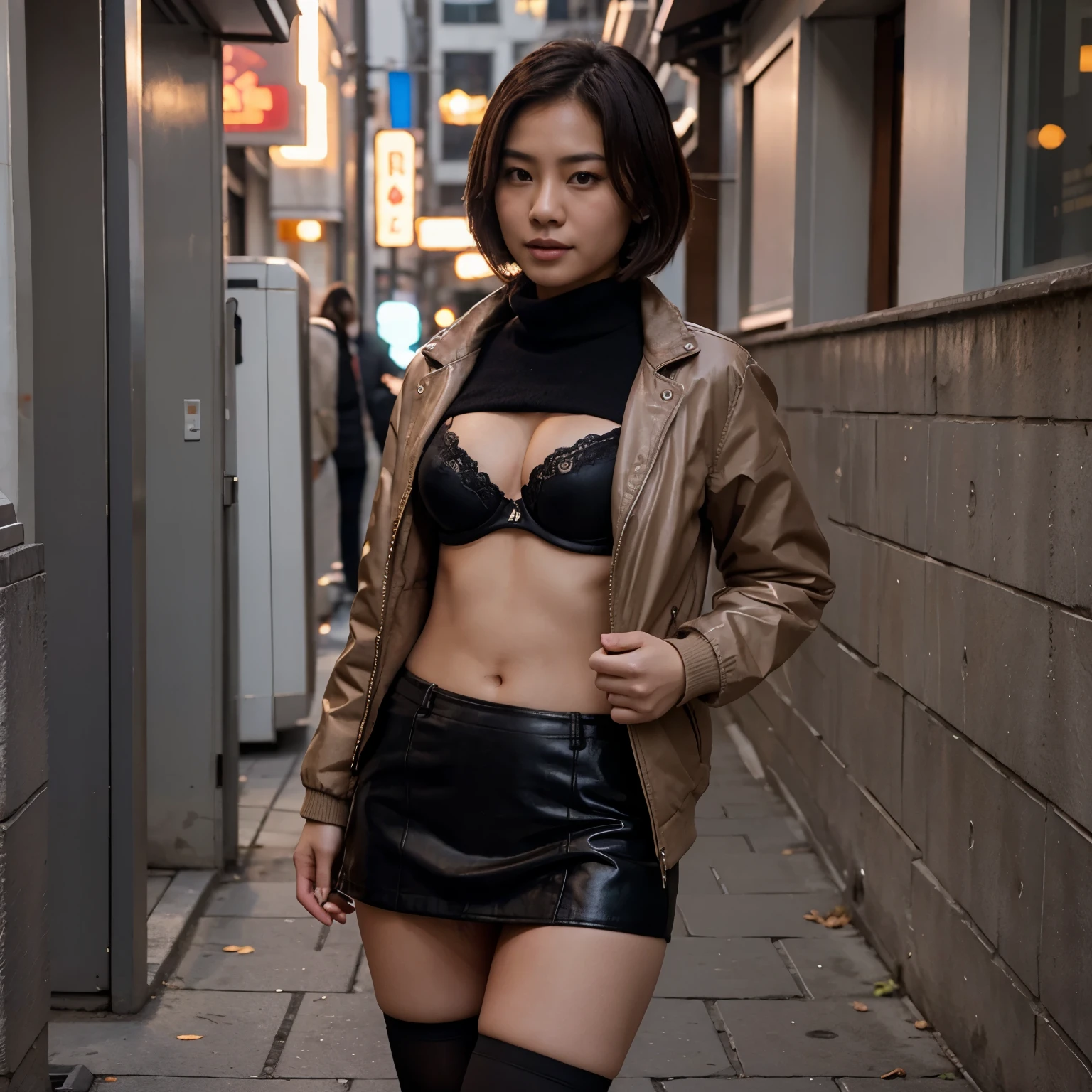 An Asian Escort Girl , wearing a Jacket , a plunge bra and a miniskirt with thigh stockings , (Photo realistic) , Brown Short Hair , Standing on a Street Side walk in cold weather