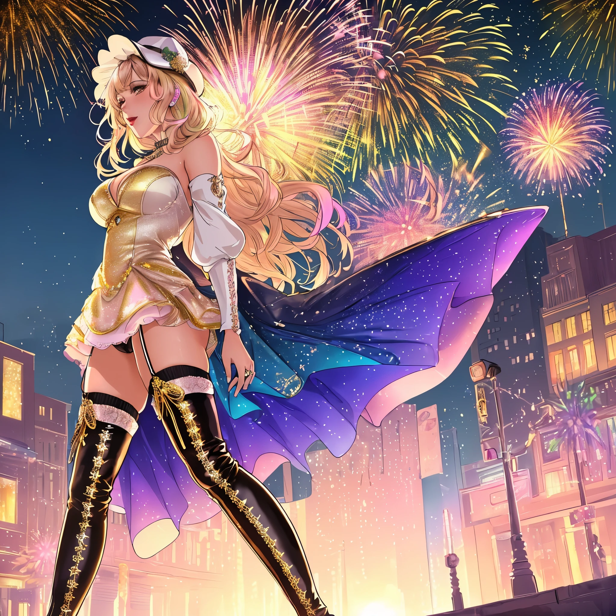 ((Quality: masterpiece, best quality, UHD, anatomically correct, photo realism, textured and detailed skin, skin pores, skin imperfections, textured and detailed hair, volumetric lighting, hyper realistic and detailed background, 30 years old, solo)), whimsical and creative artist woman with a palette of vibrant colors, new years eve party theme, big clock showing midnight in the background, disco ball drop, gold, silver, fireworks, (((pastel colours))), unconventional clothing ((right, sexy, dress, stockings, thigh high boots))