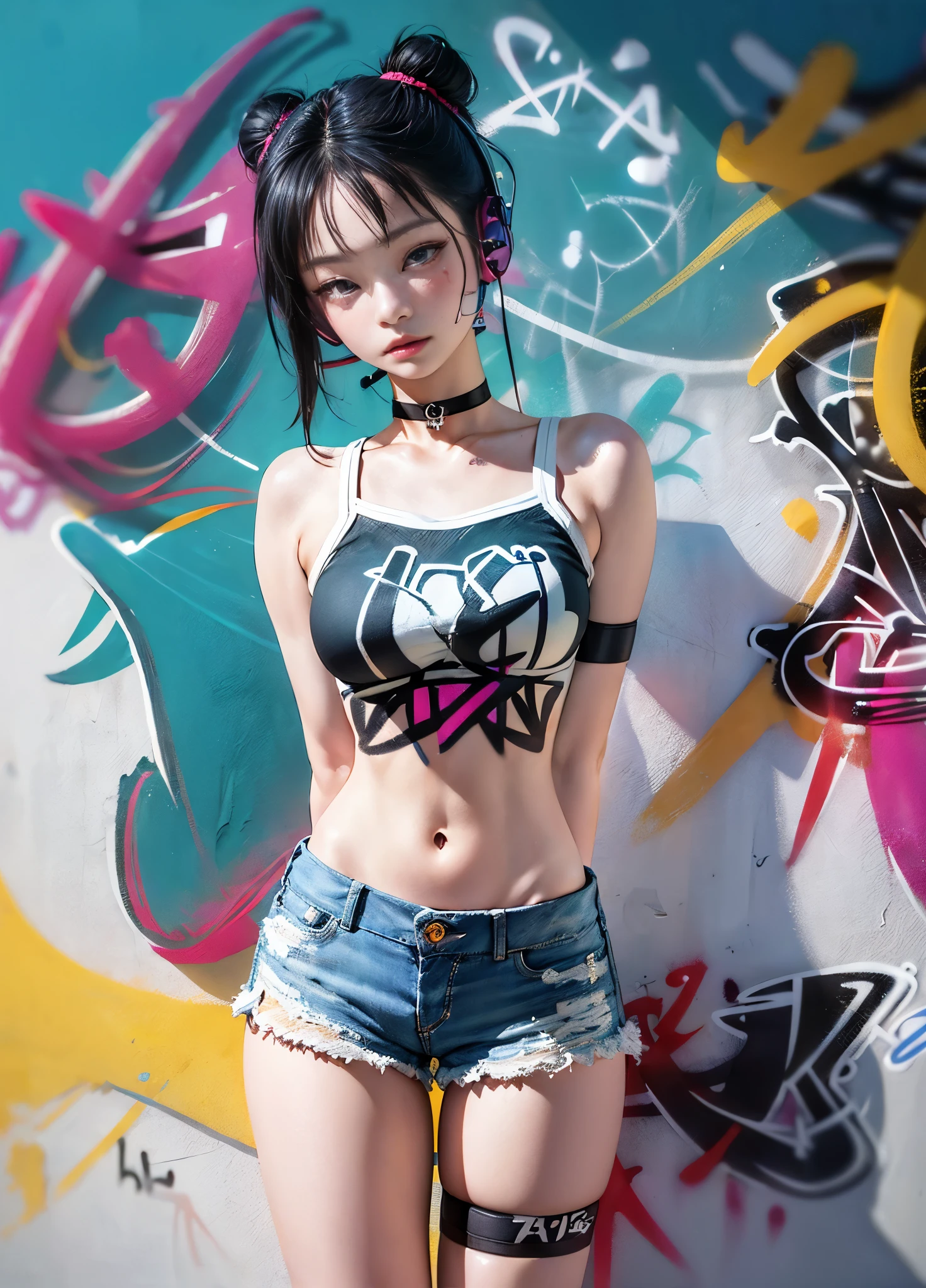 ultra realistic 8k cg, masterpiece, ((ultra detailed background, delicate pattern, intricate detail)), (highly detailed, fine detailest quality, (photorealistic:1.4),beautiful lighting,,masterpiece, best quality, 1girl, solo, crop top, denim shorts, choker, (graffiti:1.5),  arms behind back, against wall, looking at viewer, armband, thigh strap, head tilt, bored, black hair, aqua eyes, headset, Jennie Kim.