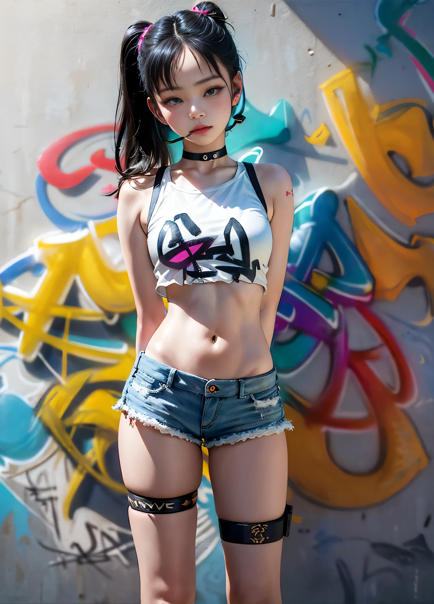 ultra realistic 8k cg, masterpiece, ((ultra detailed background, delicate pattern, intricate detail)), (highly detailed, fine detailest quality, (photorealistic:1.4),beautiful lighting,,masterpiece, best quality, 1girl, solo, crop top, denim shorts, choker, (graffiti:1.5),  arms behind back, against wall, looking at viewer, armband, thigh strap, head tilt, bored, black hair, aqua eyes, headset, Jennie Kim.