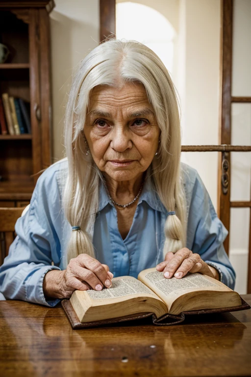 wrinkled old woman with long white hair in front of a table with a bible, orando a Deus, em uma casa velha de madeira.