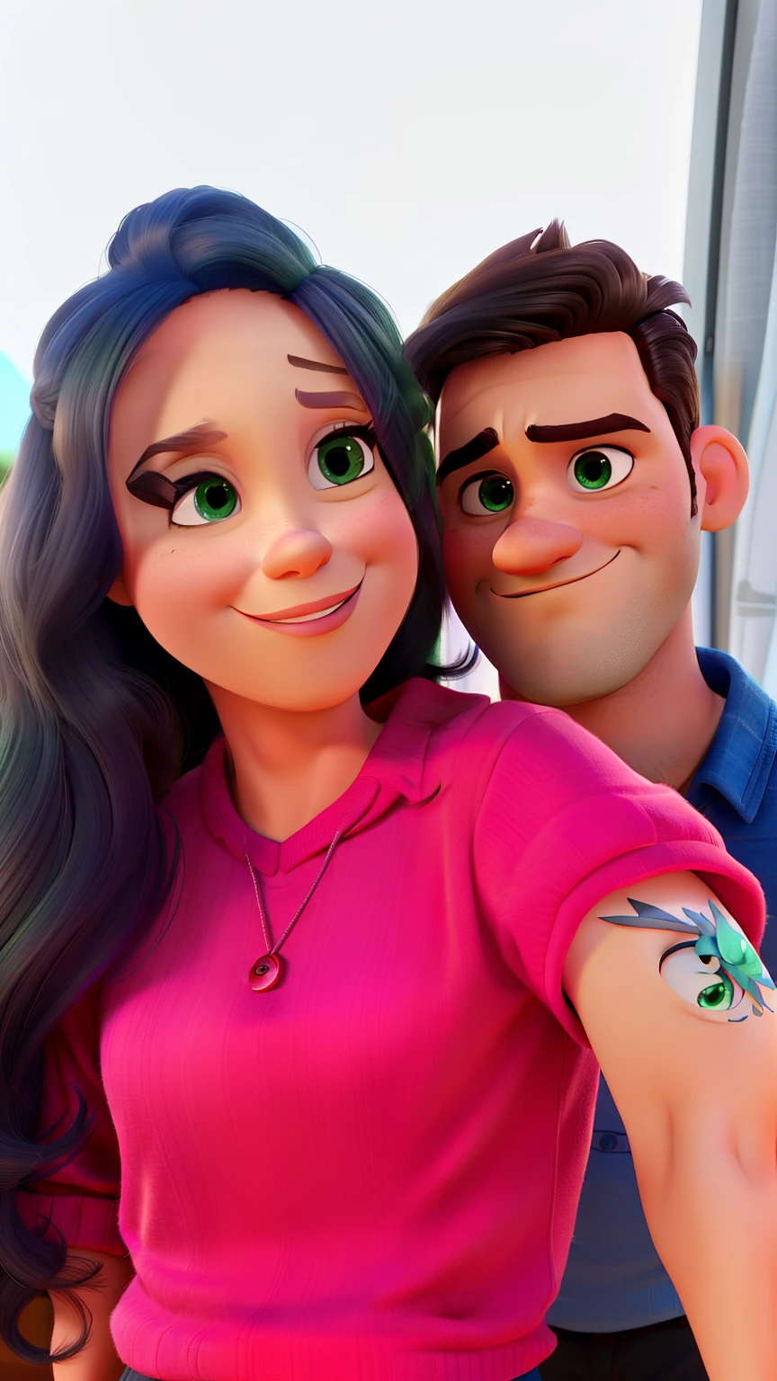 Casal estilo disney pixar melhor qualidade alta qualidade. Homem moreno olhos pretos cabelo curto e mulher olhos verdes cabelos preto longos lisos