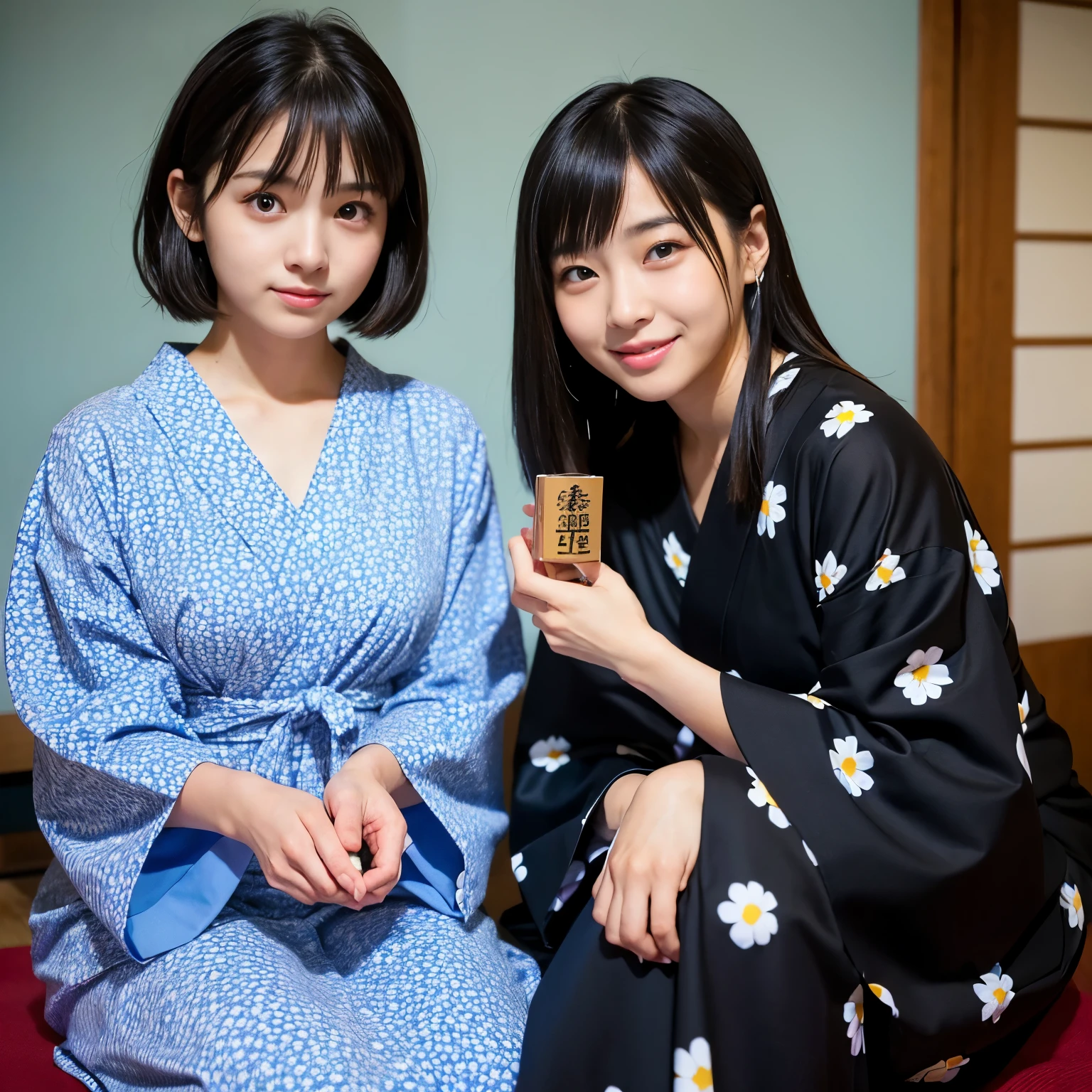 Best-quality, Masterpiece, Ultra-High-Resolution, (Photorealistic:1.4), Raw-Photo, Extremely-Details, Perfect-Anatomy, lesbian couple, (15-years-old and the most popular Japanese idol, extremely cute face like a most famous Japanese idol, extremely beautiful big-black-eyes, extremely beautiful long-haired), (25-years-old and the most popular Japanese actress, extremely beautiful face like a most famous Japanese actress, extremely beautiful large-black-eyes, extremely beautiful short-cut-haired), all having a lot of fun at Japanese hot spring inn, all wearing Japanese YUKATA, detailed Japanese-hot-spring-inn, detailed Japanese-YUKATA