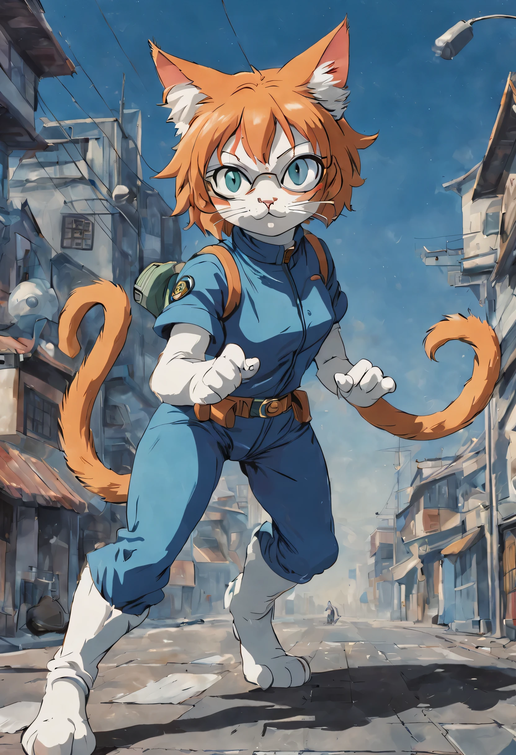 Full Body Shot, 1990s anime sci-fi kooky cat female, full detailed eyes, action pose, Toriyama, Miyazaki