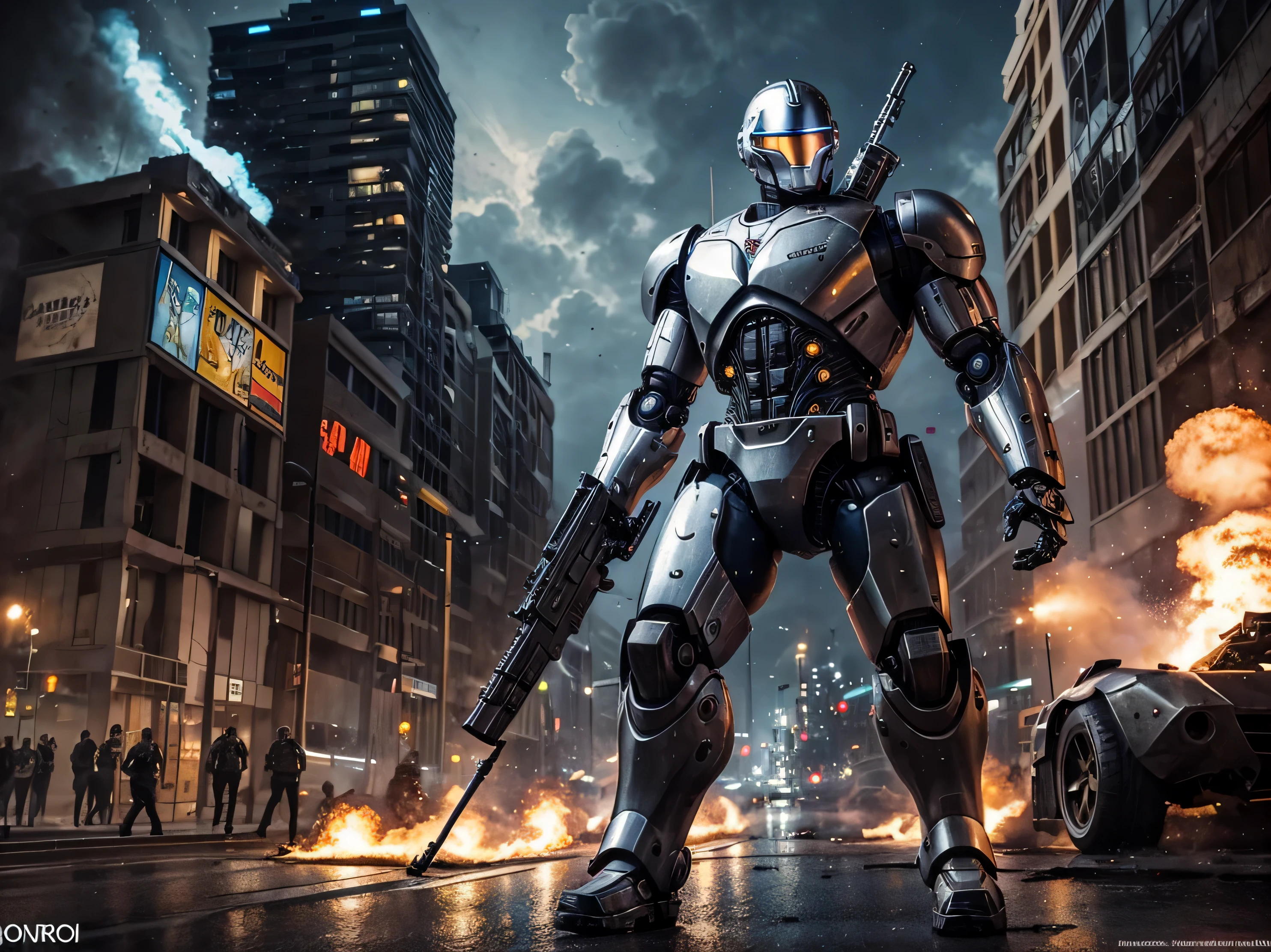 explosions, roupas brancas, capacete, terminador cromado branco como robocop como ciborgue com arma grande, rebites, an oil painting, rebites, as cores neutras, Paulo Hedley , feliz, action movie poster, belas artes. royo. Vista completa. explosions behind.noite.andando.