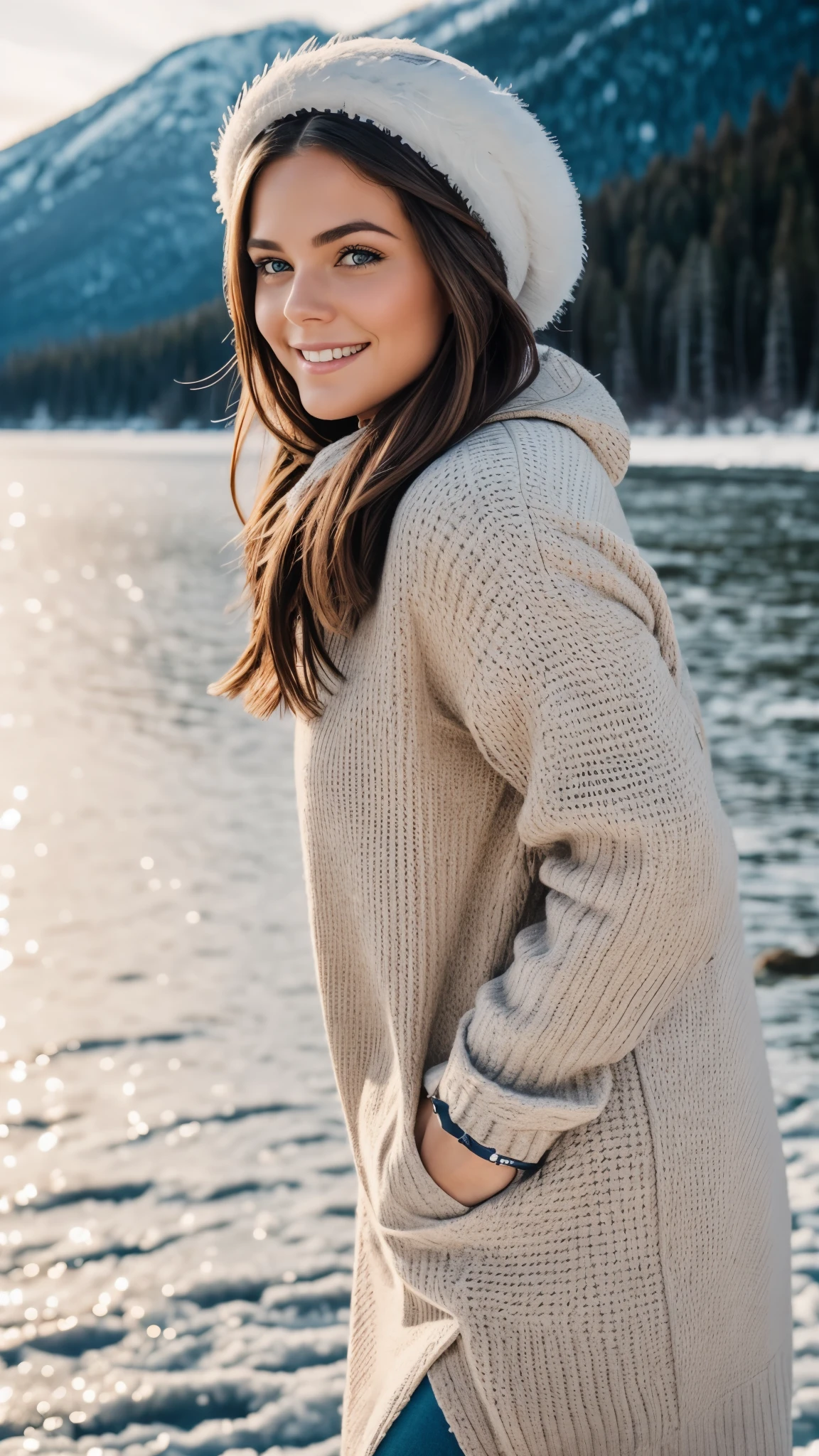 realistic body shot photo of a finnish smiling woman walking in front of the camera wearing a winter dress. Winter. Frozen lake. glamour photoshoot, Snow, perfect butt, beautiful face, perfect anatomy, fit girl, looking into the camera, strong hip:1.2, wide hip:1.3, 23 yo woman. (Eye makeup:1.1), (highly detailed skin:1.1), RAW, analog style, sharp focus, 8k UHD, DSLR, high quality, Fujifilm XT3, grain, award winning, masterpiece.