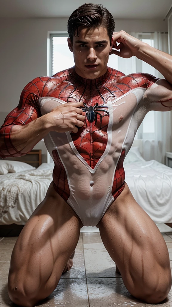 pietro boselli as spiderman, muscular body, see through spiderman outfit. sexy face. Gorgeous face. muscular arms. muscular thighs. muscular chest. white liquid on face. white liquid on chest. wet skin. wet underwear. kneeling on bedroom floor. cute smirk.