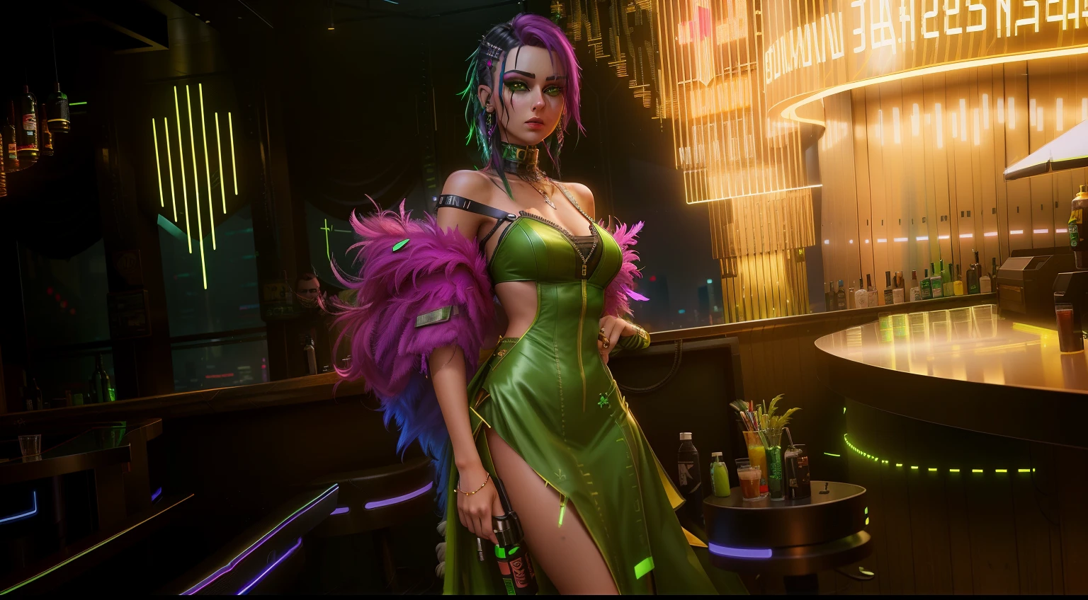 there is a woman in a green dress standing in a bar, unreal engine : : rave makeup, cyberpunk style outfit, cyberpunk outfit, cyberpunk nightclub, fashion gameplay screenshot, in cyberpunk 2077, cyberpunk dress, wearing a feather dress, style of cyberpunk 2 0 7 7, cyberpunk 2077”, fantasy outfit, cyberpunk outfits