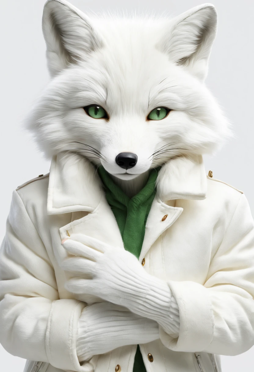 Best quality, 4K, masterpiece, art, anthropomorphic white fox, not human, not man, not human face, correct anatomy, correct fingers, white wool, white clothes, jeans (white), jacket (white), fursona art, incredibly huge breasts (covered), simple white background, white white, green pupils, cunning look  