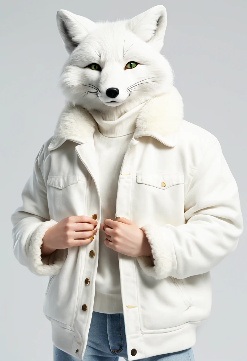Best quality, 4K, masterpiece, art, anthropomorphic white fox, not human, not man, not human face, correct anatomy, correct fingers, white wool, white clothes, jeans (white), jacket (white), fursona art, incredibly huge breasts (covered), simple white background, white white, green pupils, cunning look  