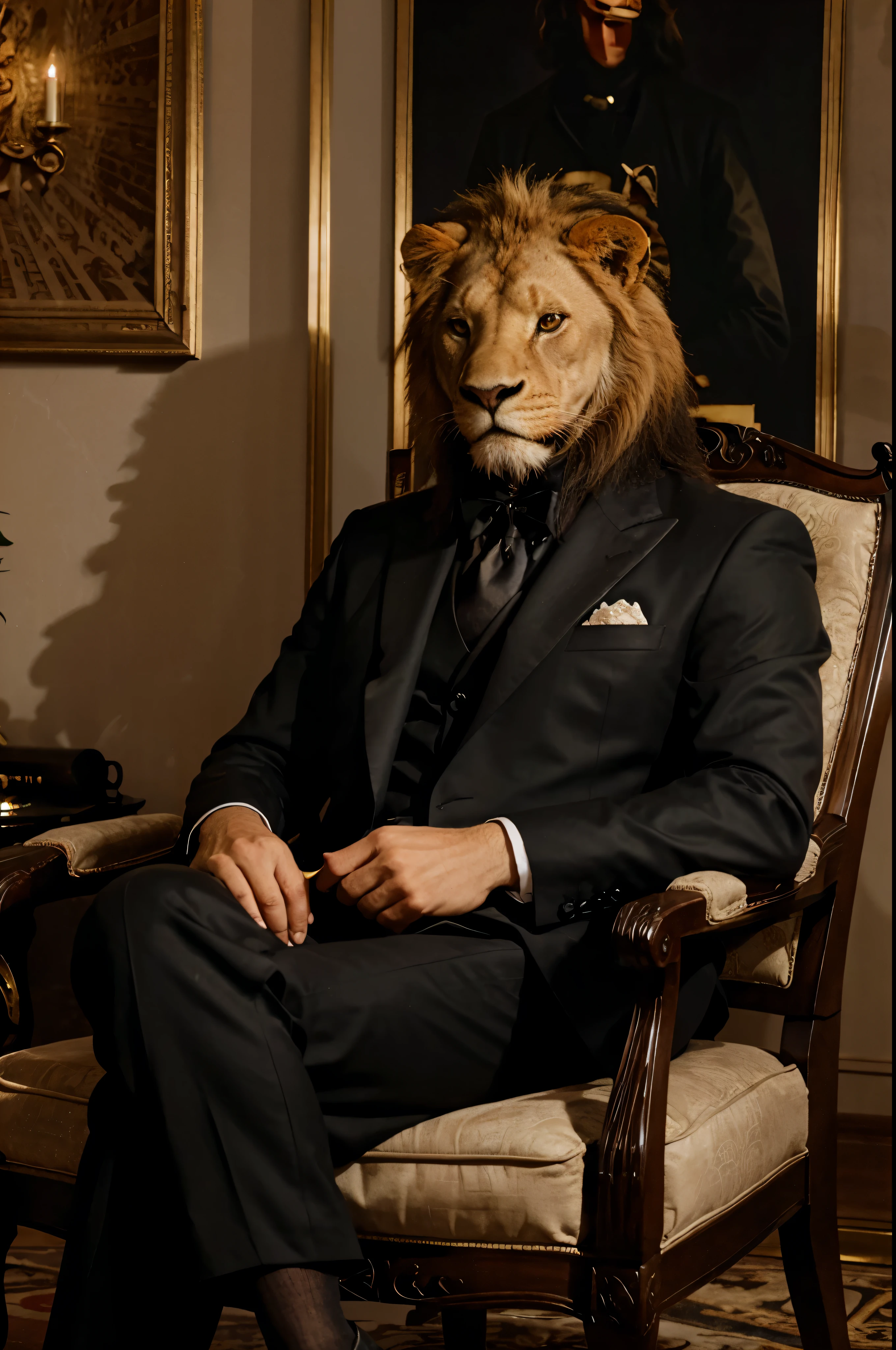  Realistic lion in elegant black suit, sitting in his royal armchair in his luxurious office, ambiente black design