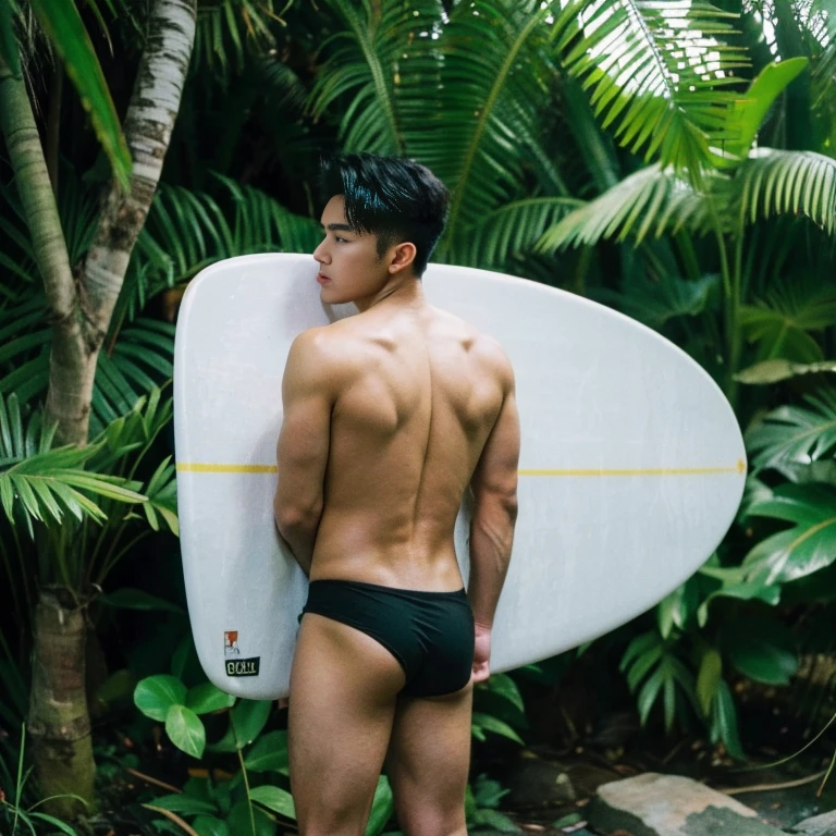 1 muscular male, 20 years old, symmetrical face, handsome face, perfect eyes, sparks, topless, ((lay around neck)), ((high waist micro g-string thongs)), (men's short black hair: 1.5), white skin, (short thin hair made of gray strands), (((in a jungle, with a large , surfboard: 1.2))), ((looking at viewer, from behind)), ((butt facing fewer)), ((Tikki, totem)) muscular chest, large hip, (sexy pose, dynamic pose), (island), ultra high resolution, 8k, HDr, art, high detail, perfecteyes, detailed eyes, detailed face, bright face , Watching Viewers True 4K light and shadow , (unreal engine) ,(octane render , ultra-realistic , best quality , highly detail painting , super detail , dynamic angle , super-resolution , maxiumum clarity and sharpness , hdr) , (detail face) , (((photorealistic))) , (real man) , ((realistic photo)) ,(realistic style) , (real photo) , focus , detail , best quality, high-resolution , nsfw , erotic , (bubble butt) , ((full body)) , (nasty slutty whore) , perfect model face , handsome , huge booty , (gluteal fold) , big fat buttock , FULLBODY PORTRAIT , EROTICISM , head to leg , details eye, kpop idol