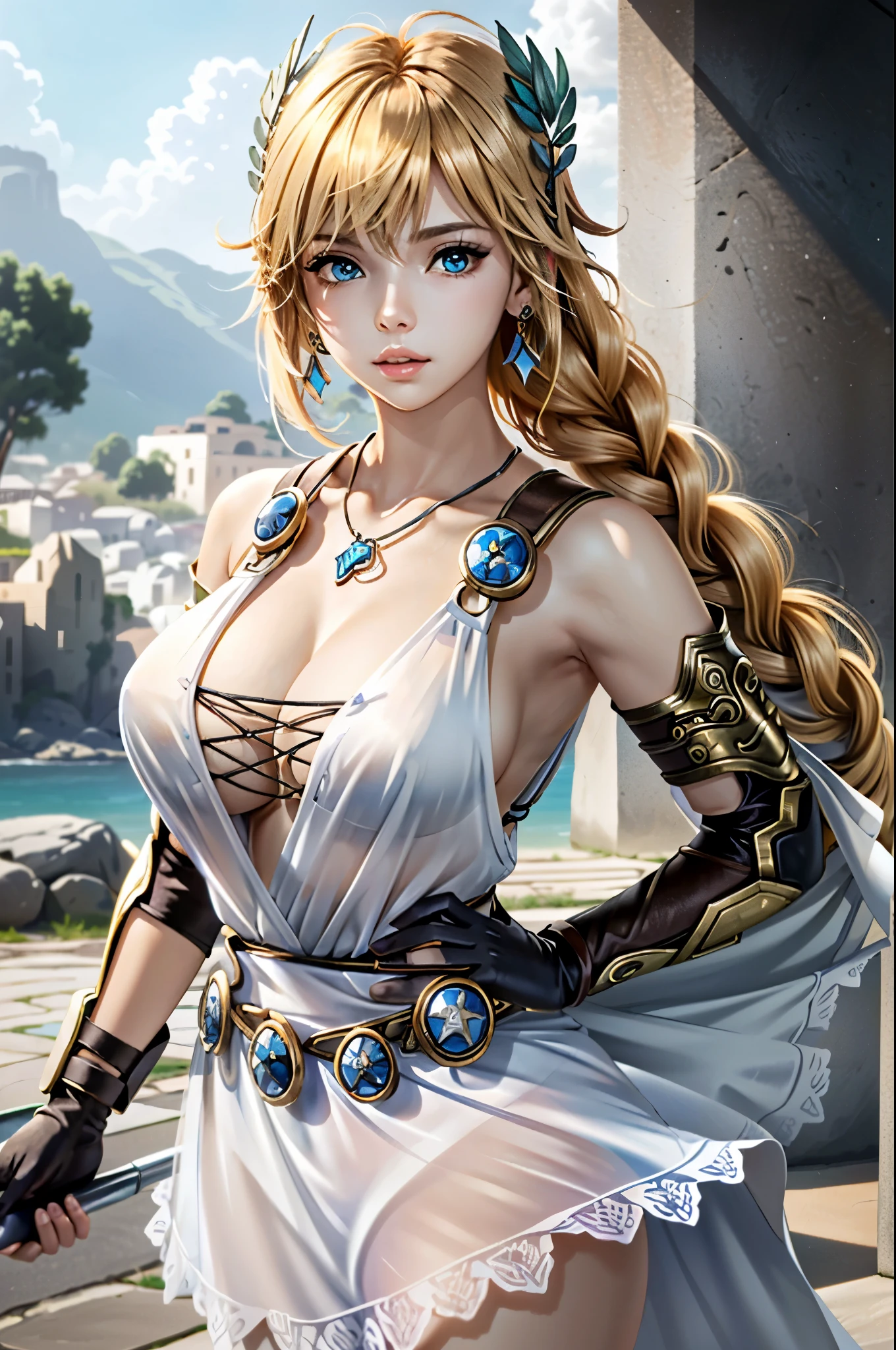 Armpit show,(muste piece:1.4),(best quality:1.4),(disorganized:1.4),pin - up, Sophitia_whiteone piece_Aiwife, Sophitia_whiteone piece_Aiwife,blonde hair,Large breasts,long hair,Mitsuami,eyes are blue,Jewelry is,arms,There is a cleavage in the chest,Sword Art,exterior,sheild,珰,single Mitsuami,one piece,belt bag,See-through,coverd nippple,exteriored one piece,Big breasts that are about to burst,hair ornament,white one piece,holding arms,very long hair,new lips,bare shoulders,bangs,gloves,Hair Ribbon,necklace,Skirt,clavicle,Feathers,Revealing clothes,armlet,elbow gloves,greek clothes,Mitsuamied ponytail, (disorganized, High resolution, Unbelievably_disorganized:1.4),Scenery,muste piece,Laurel crown