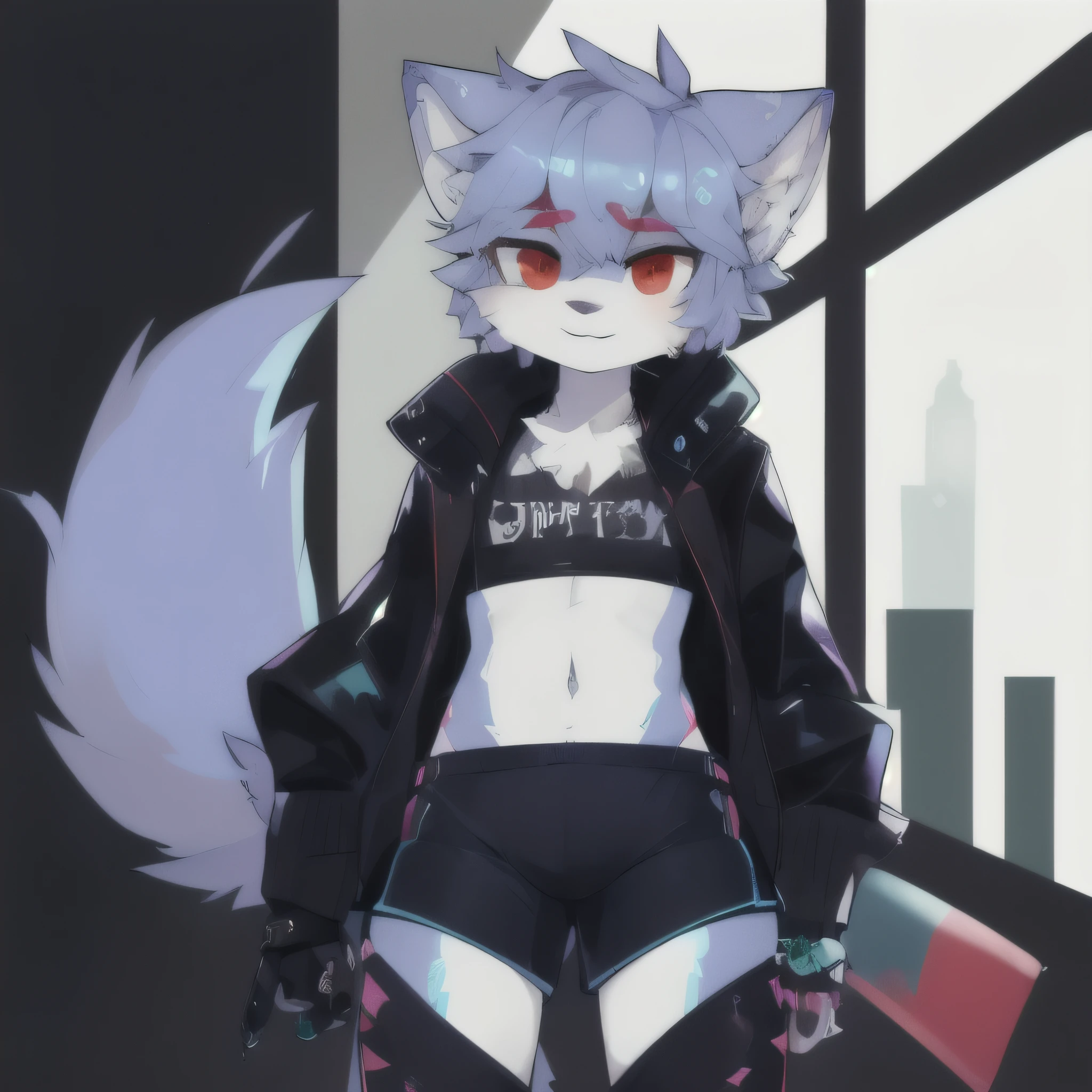 masterpiece, soft shading, perfect anatomy, perfect lighting, perfect focus, vibrant, solo, 1boy, Furry, furry wolf, anthropomorphic, male, silver fur, silver skin, red eyes, femboy, blue cyberpunk clothes, crop top, thong, shorts, sexy clothes, revealing clothes, cyberpunk city, uploaded on e621, standing