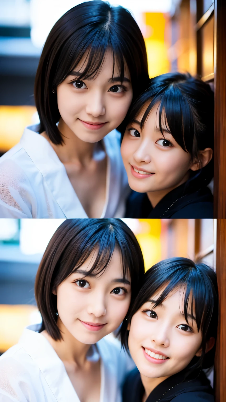 Best-quality, Masterpiece, Ultra-High-Resolution, (Photorealistic:1.4), Raw-Photo, Extremely-Details, Perfect-Anatomy, lesbian couple, (-yeld ande most popular Japanese idol, extremely cute face like a most famous Japanese idol, extremely beautiful big-black-eyes, extremely beautiful long-haired), (25-years-old and the most popular Japanese actress, extremely beautiful face like a most famous Japanese actress, extremely beautiful large-black-eyes, extremely beautiful short-cut-haired), all having a lot of fun at Japanese-hot-spring-inn, all wearing Japanese-YUKATA, detailed Japanese-hot-spring-inn, detailed Japanese-YUKATA