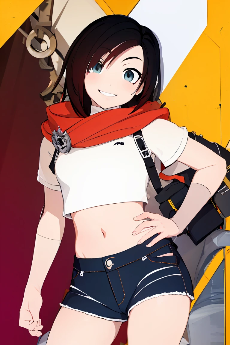 ((masterpiece,best quality)),  absurdres,
denim shorts, white crop top,
Ruby_RWBY,
solo, smiling, looking at viewer, cowboy shot,