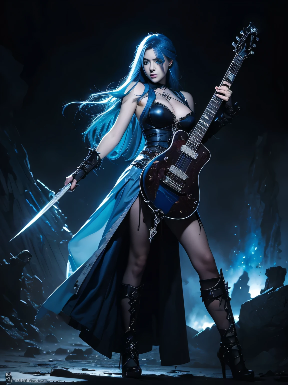 Evil (Alyssa White Gluz), aetheral beauty, blue hair, blue eyes, full body. Gothic warrior, heroic pose, black lather, a guitar sword in her hand, fully detailled, masterpiece, in Royo and Wlop style.
