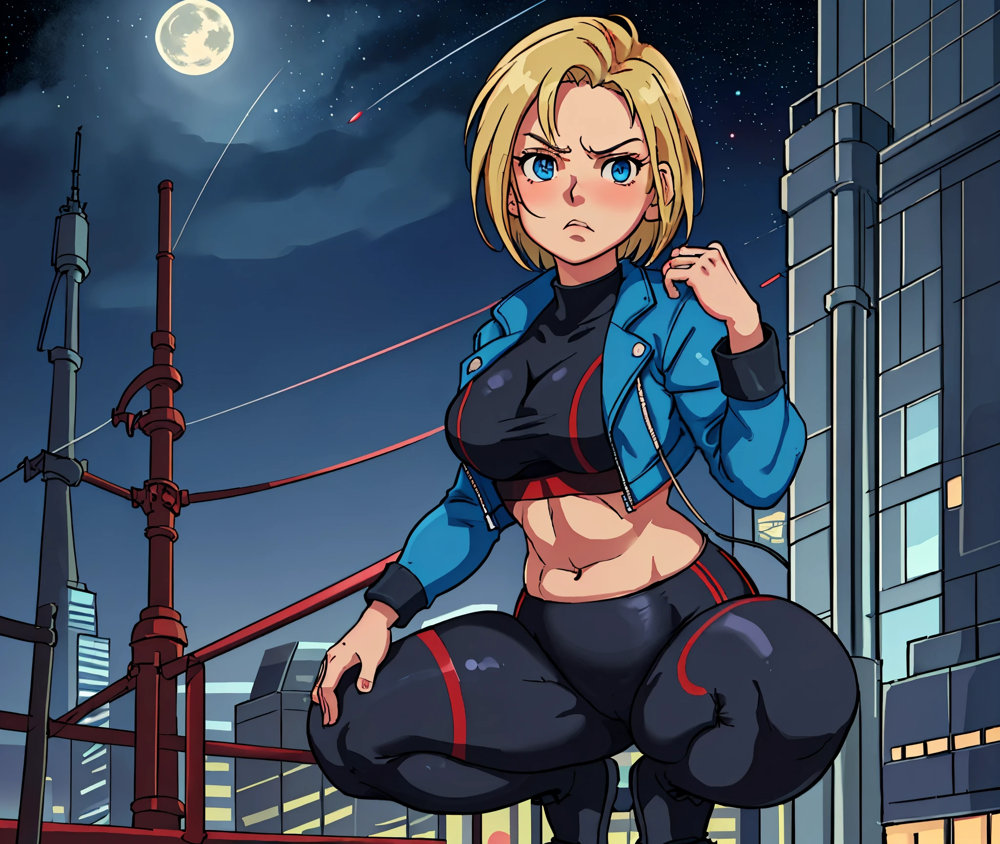 [Cammy], ((Masterpiece)), ((High res)), ((HD)), ((solo portrait)), ((full body)), ((front view)), ((feet visible)), ((anime)), ((beautiful render art)), ((detailed shading)), ((intricate details)), {(beautiful woman), (cute blue eyes), (short blonde hair), (cut on face), (defined muscles), (curvy hips), (beautiful legs), (beautiful lips), (angry expression), (puckered lips)}, {(black sports bra), (navel), (yoga pants), (short leather light blue jacket), (red stripes on jacket), (red combat boots)}, {(squatting), (hand on ground), (looking at viewer)}, [Background; (city), (skyscrapers), (lamp posts), (starry sky), (full moon), (ambient lighting)]