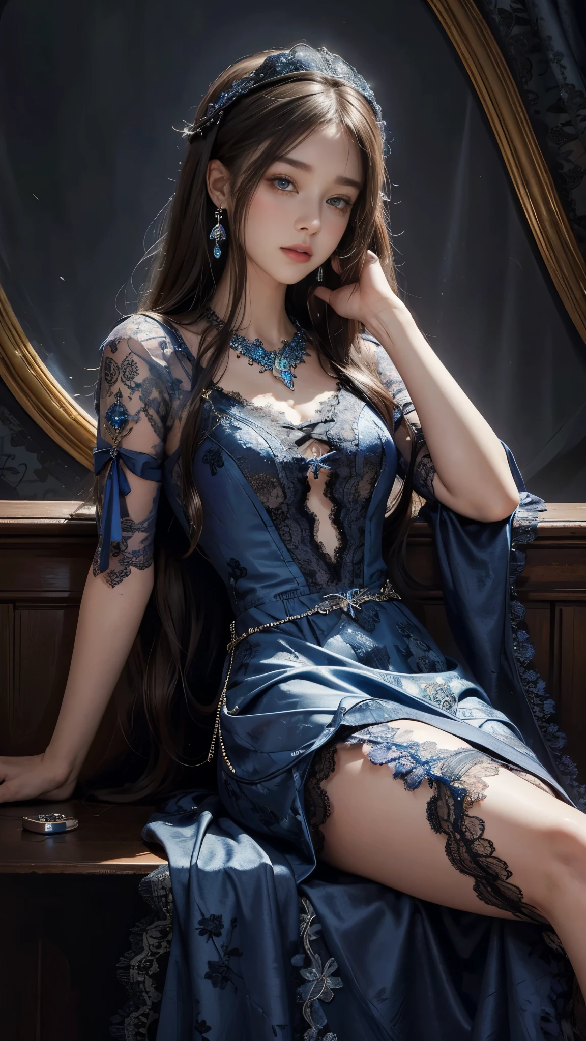 8K, ultra HD, Masterpiece, 1 girl, good face, very long hair, spreading hair, detailed eyes, lovely lips, shining blue dress, decorated dress, strap dress, (lace:1.5), (jewellery:1.5), night background, sitting,