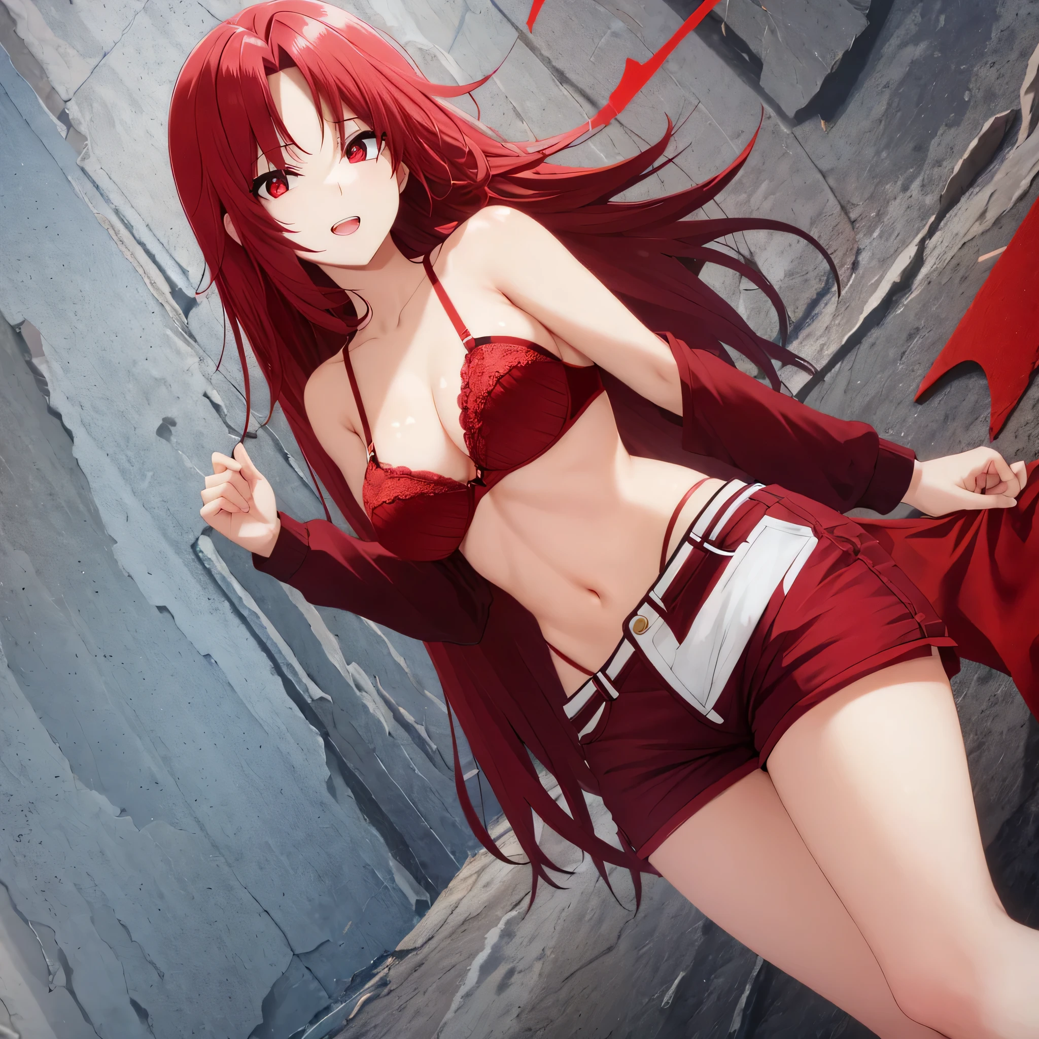 (((split))) ,red eyes,red eyes,(bra,shorts),cleanched teeth,perfect eyes,best quality
