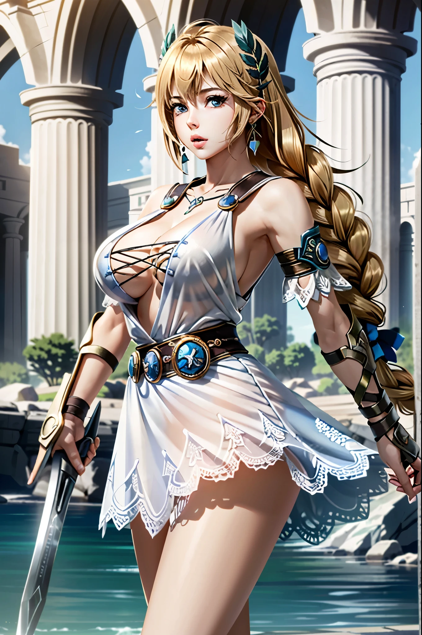 Armpit show,(muste piece:1.4),(best quality:1.4),(disorganized:1.4),pin - up, Sophitia_whiteone piece_Aiwife, Sophitia_whiteone piece_Aiwife,blonde hair,Large breasts,long hair,Mitsuami,eyes are blue,Jewelry is,arms,There is a cleavage in the chest,Sword Art,exterior,sheild,珰,single Mitsuami,one piece,belt bag,See-through,coverd nippple,exteriored one piece,Big breasts that are about to burst,hair ornament,white one piece,holding arms,very long hair,new lips,bare shoulders,bangs,gloves,Hair Ribbon,necklace,Skirt,clavicle,Feathers,Revealing clothes,armlet,elbow gloves,greek clothes,Mitsuamied ponytail, (disorganized, High resolution, Unbelievably_disorganized:1.4),Scenery,muste piece,Laurel crown