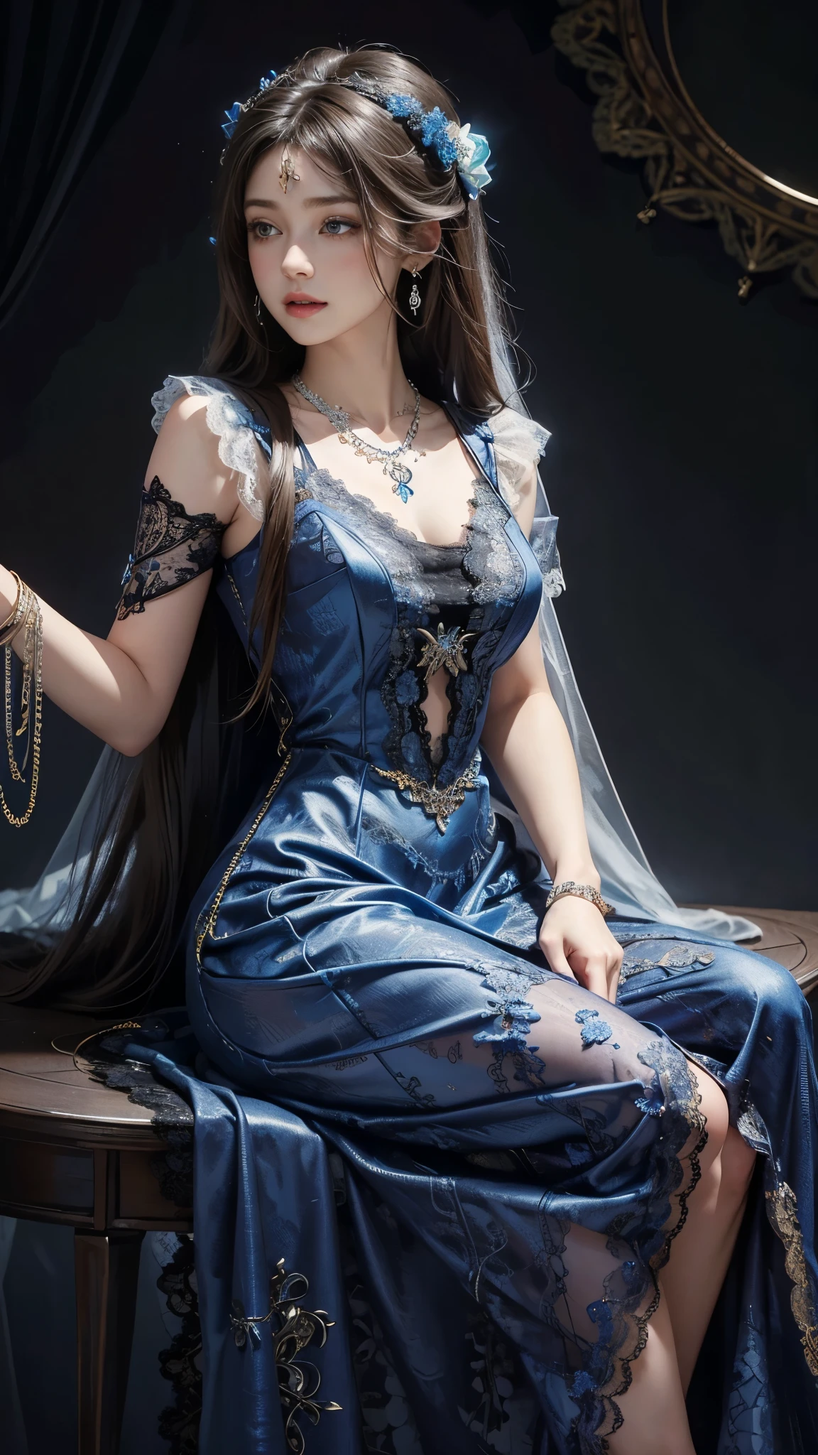 8K, ultra HD, Masterpiece, 1 girl, good face, very long hair, spreading hair, detailed eyes, lovely lips, shining blue dress, decorated dress, strap dress, (lace:1.5), (jewellery:1.5), night background, sitting,