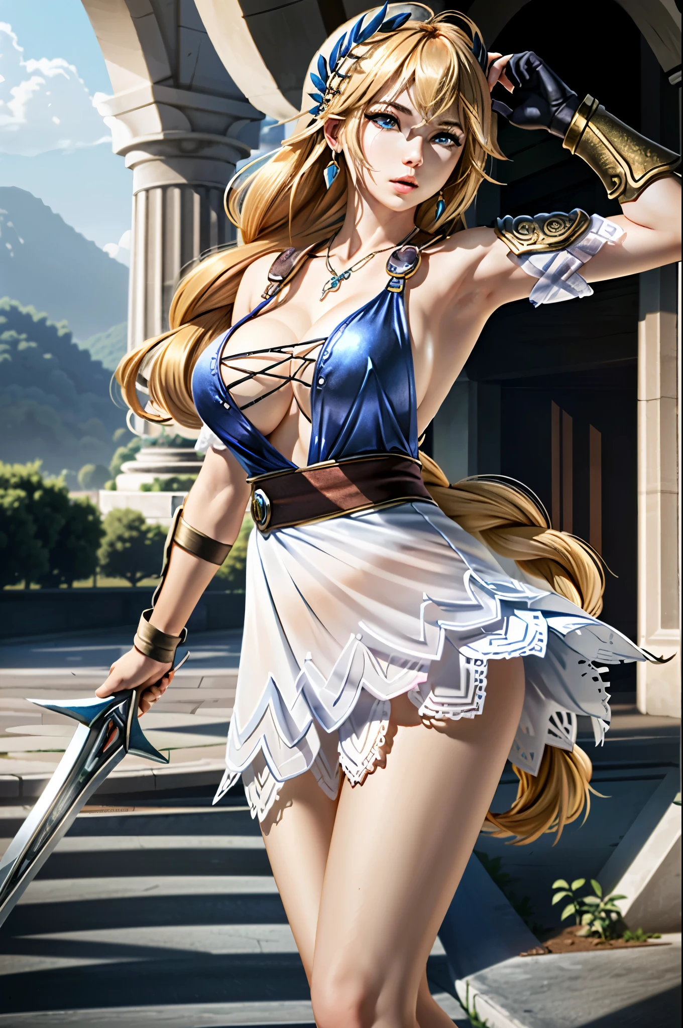 full nude,Armpit show,(muste piece:1.4),(best quality:1.4),(disorganized:1.4),pin - up, Sophitia_whiteone piece_Aiwife, Sophitia_whiteone piece_Aiwife,blonde hair,Large breasts,long hair,Mitsuami,eyes are blue,Jewelry is,arms,There is a cleavage in the chest,Sword Art,exterior,sheild,珰,single Mitsuami,one piece,belt bag,See-through,coverd nippple,exteriored one piece,Big breasts that are about to burst,hair ornament,white one piece,holding arms,very long hair,new lips,bare shoulders,bangs,gloves,Hair Ribbon,necklace,Skirt,clavicle,Feathers,Revealing clothes,armlet,elbow gloves,greek clothes,Mitsuamied ponytail, (disorganized, High resolution, Unbelievably_disorganized:1.4),Scenery,muste piece,Laurel crown,