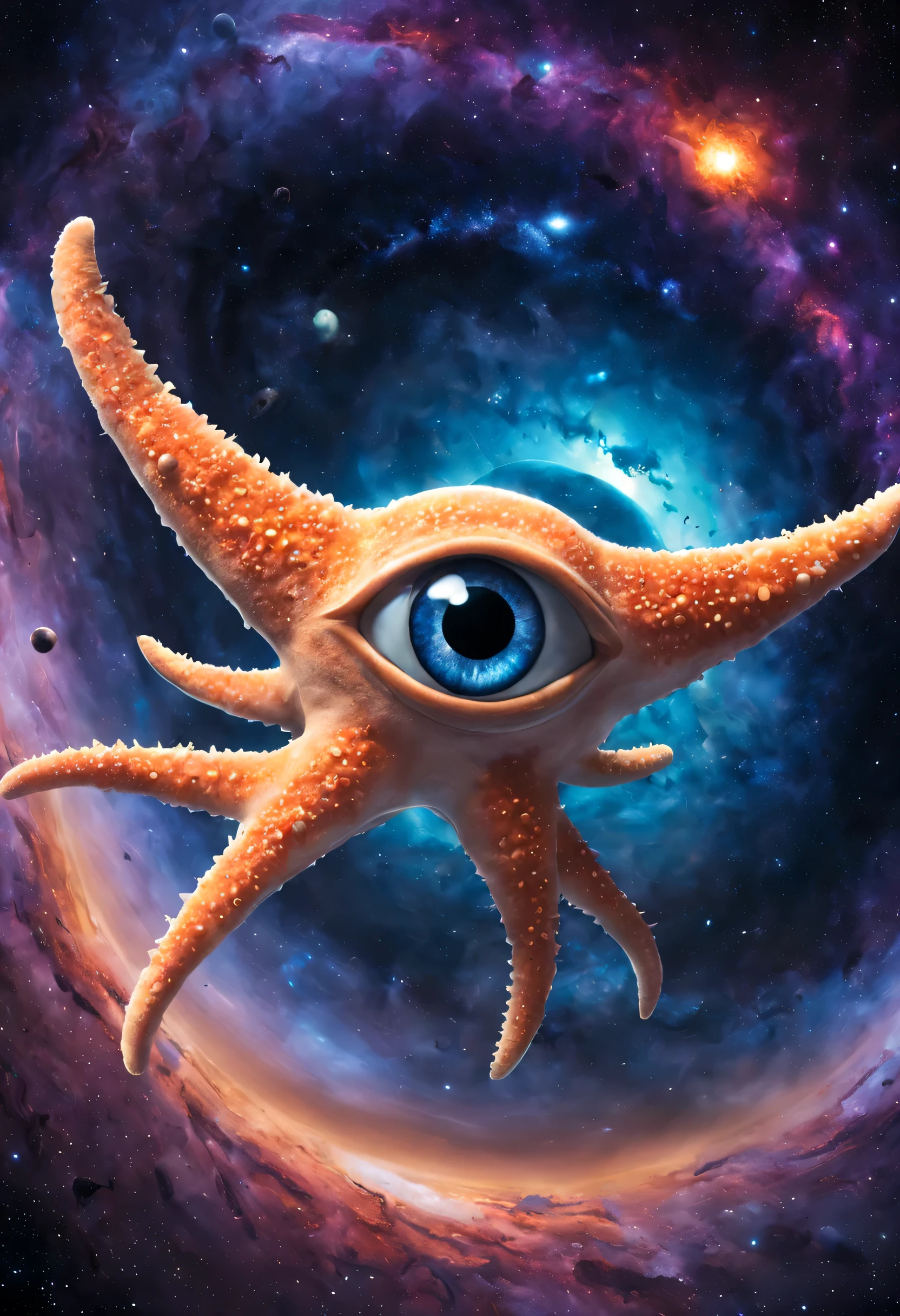 A starfish with a huge eye at the center of the alien race, floating in space, in the background is a black hole sucking up the galaxy.