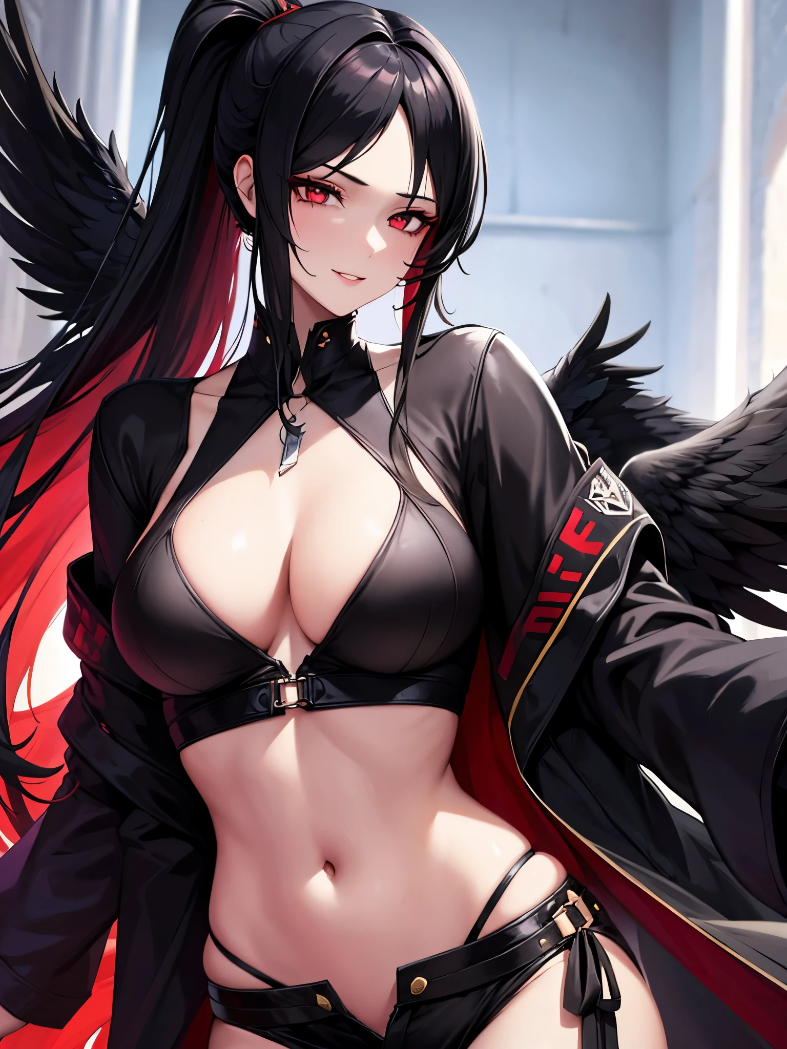 ager Beautiful, tall, mature teen, phoenix girl, with dark wings on her back, wings open, well detailed, cyberpunk, upper body, about 25 years old, black (dark) hair, long hair, straight hair, ponytail horse, red eyes, smiling, happy smile, abdomen, hair decorations, open clothes, pants, glowing skin, big breasts, perky breasts, cleavage, poses that show cleavage, sexy.