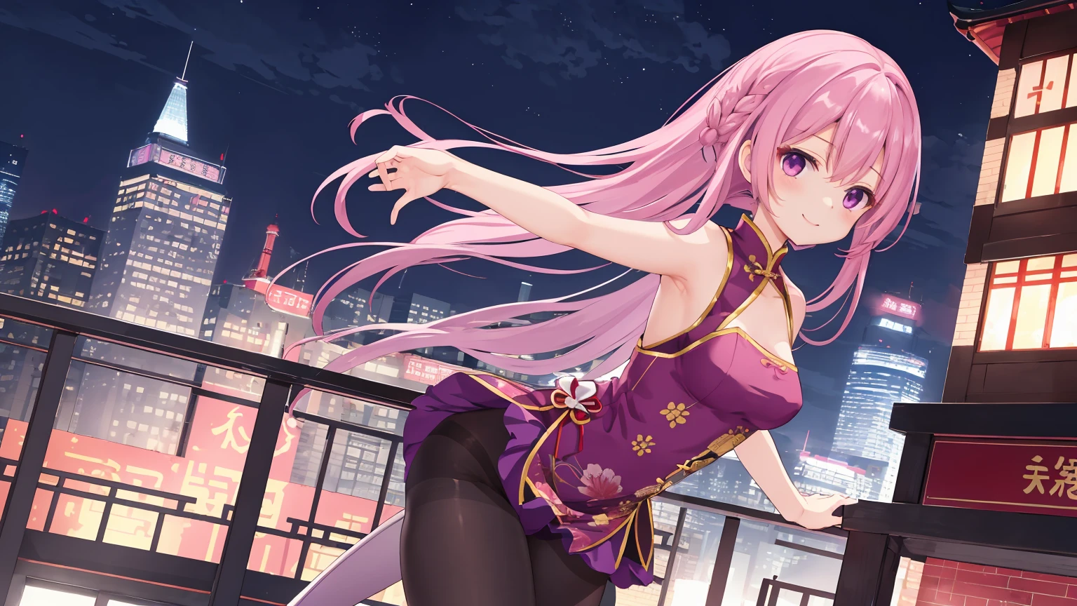 ChinaDress，Chinese buildings background， solo，a girl，170cm height，45CM bust，Pink medium long hair，purple eyelack underwear，night，gentle，Smile， ((black pantyhose))，indoorare armlack gloveare arms，mitsukasa ayase，fighting  pose,