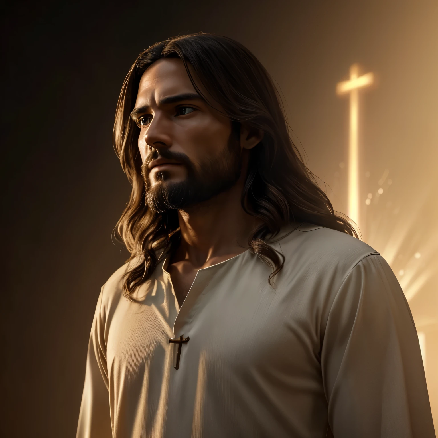 (best quality,ultra-detailed,realistic:1.37),Jesus Christ looking down from the heavens on the earth at humans and mankind disappointed in what we have become, Jesus,bible,Christian,holy, glowing light around Jesus
